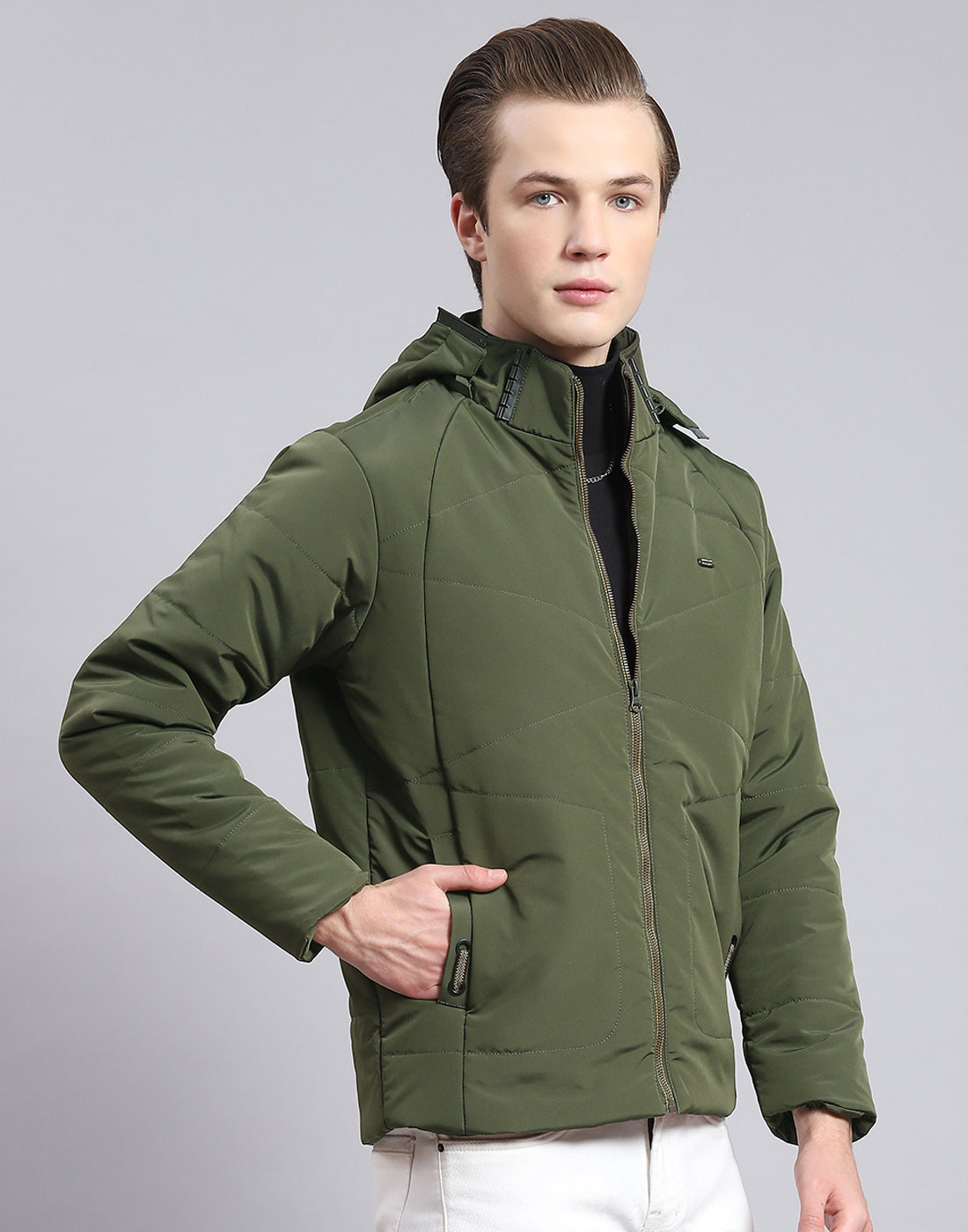 Men Olive Solid Hooded Full Sleeve Jacket