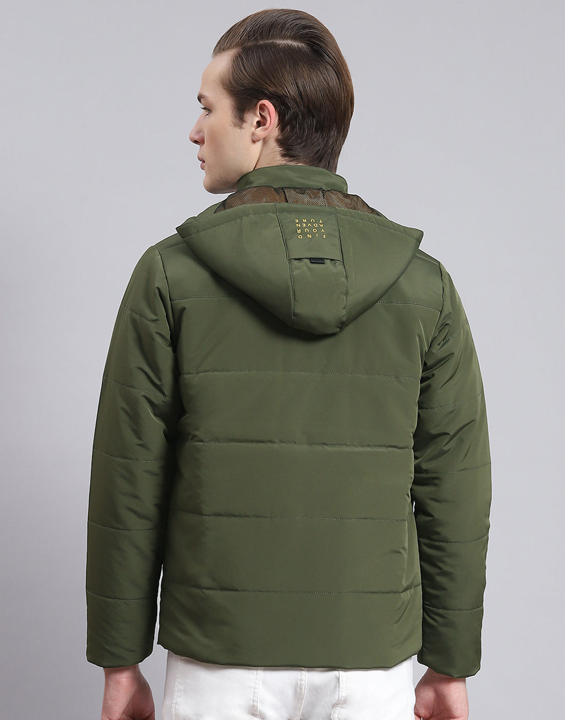 Men Olive Solid Hooded Full Sleeve Jacket