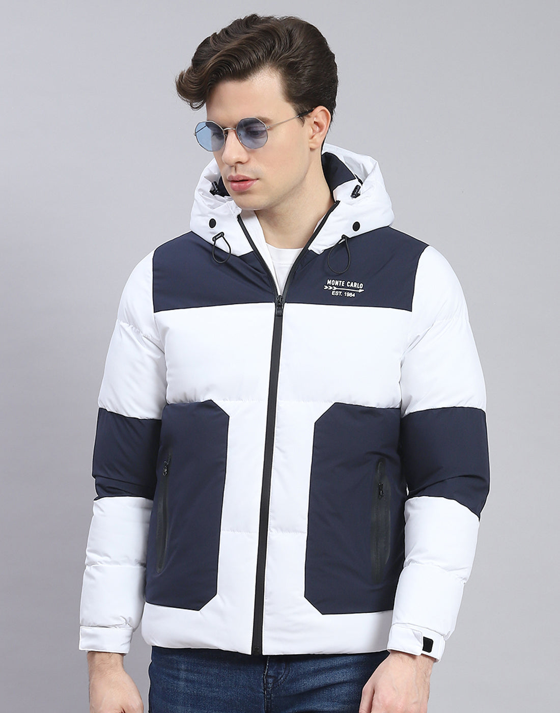 Men Navy Blue Solid Hooded Full Sleeve Jacket