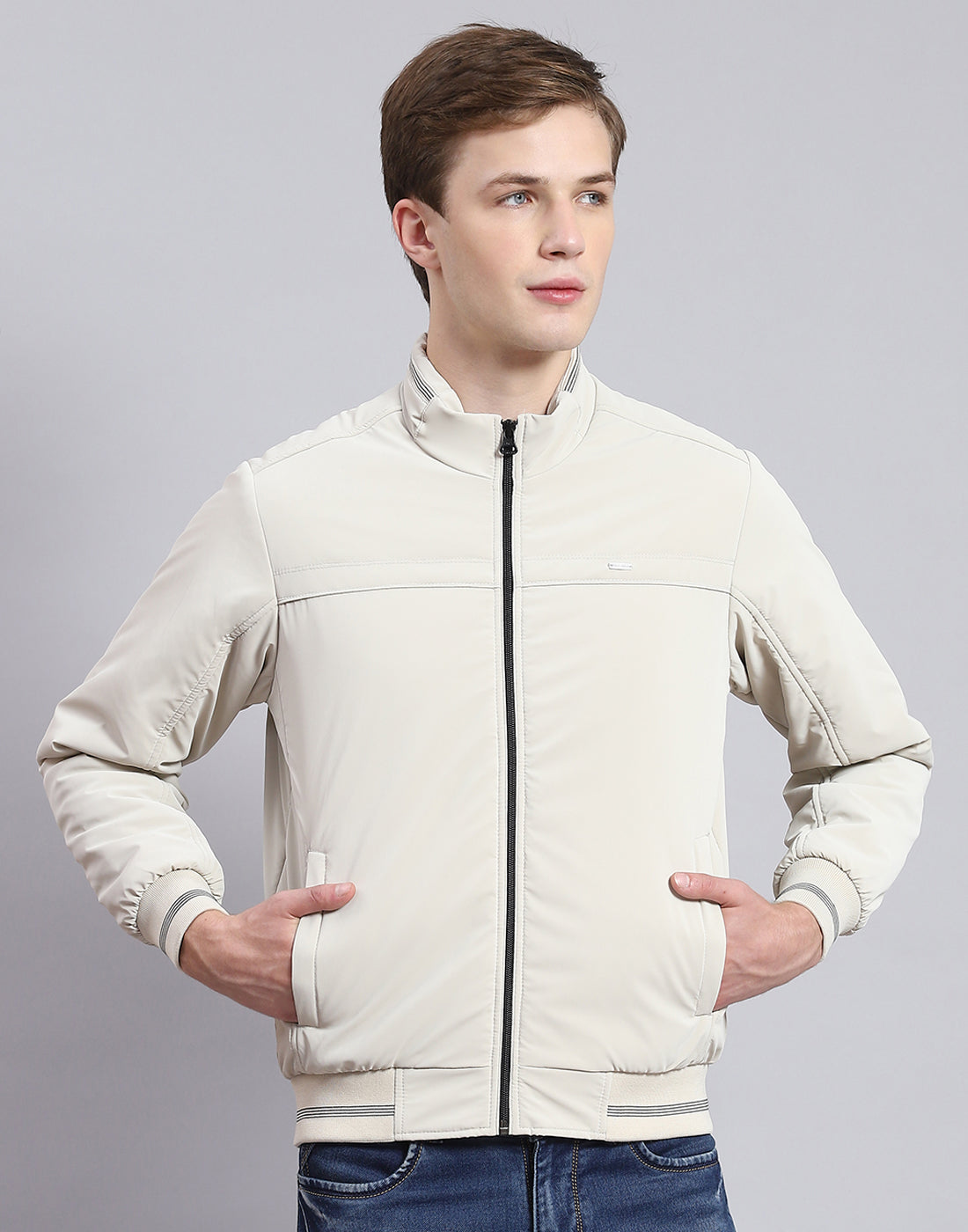 Men Beige Solid Stand Collar Full Sleeve Jacket