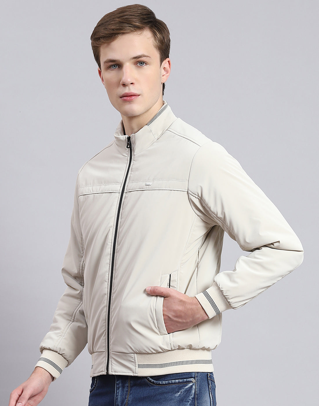 Men Beige Solid Stand Collar Full Sleeve Jacket