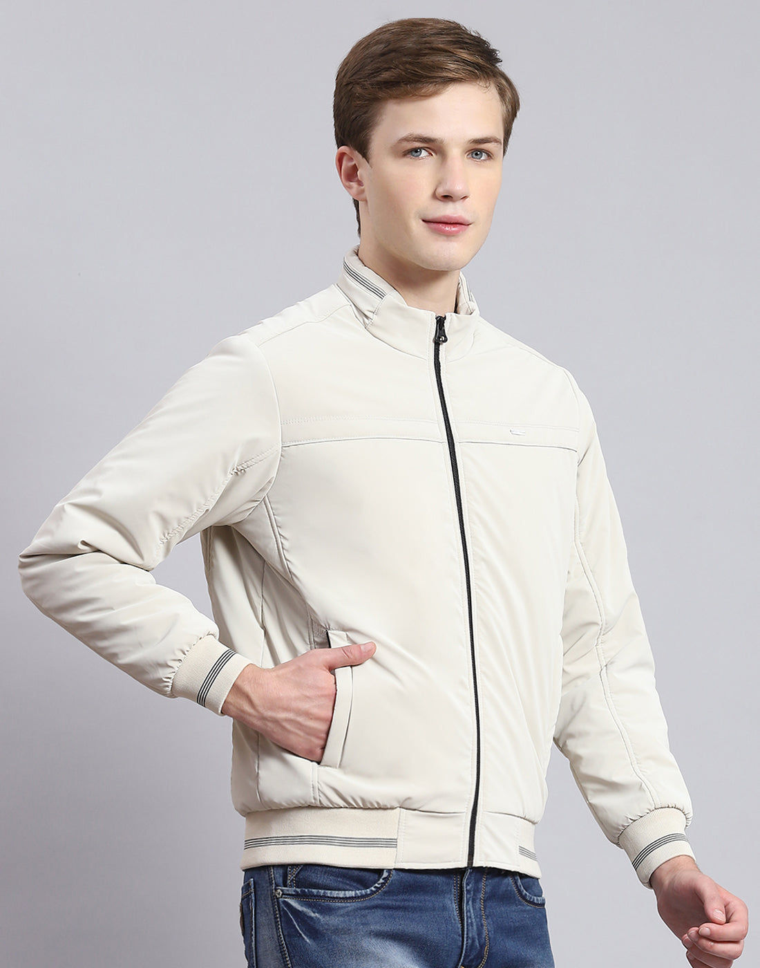 Men Beige Solid Stand Collar Full Sleeve Jacket