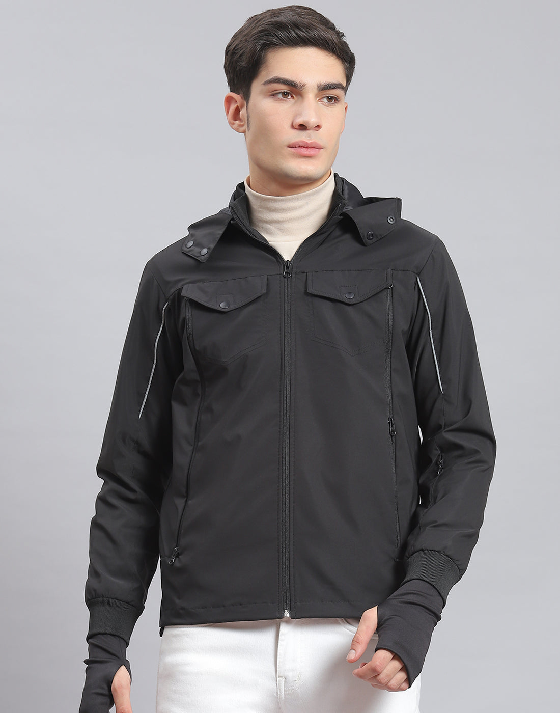 Men Black Solid Hooded Full Sleeve Jacket