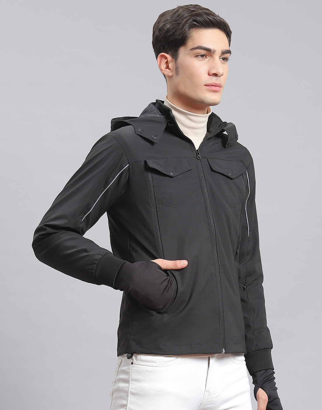 Men Black Solid Hooded Full Sleeve Jacket