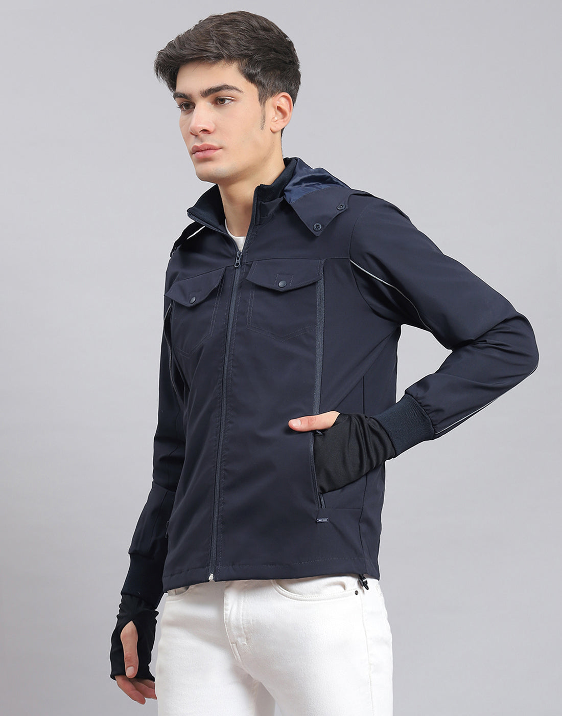 Men Navy Blue Solid Hooded Full Sleeve Jacket