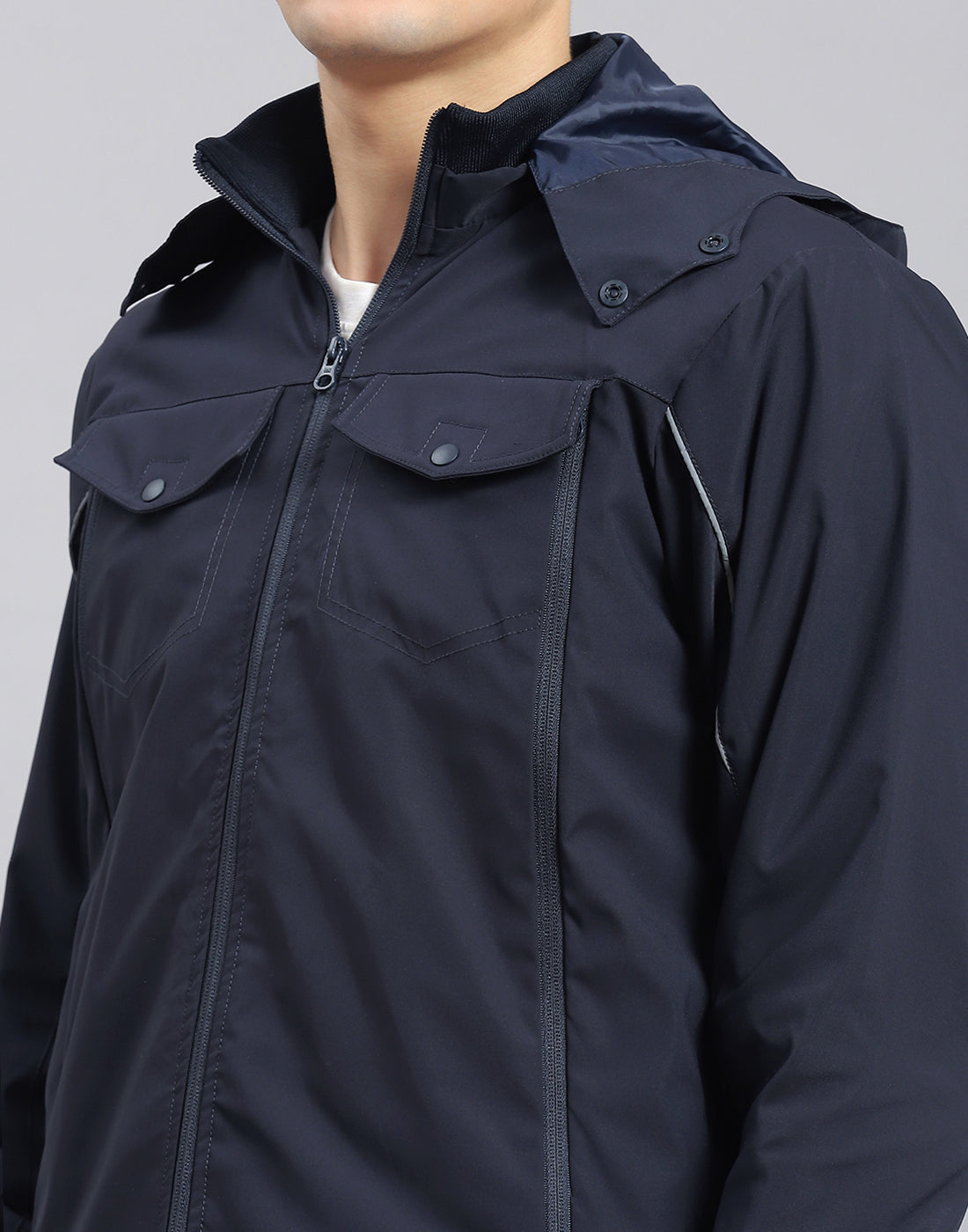 Men Navy Blue Solid Hooded Full Sleeve Jacket