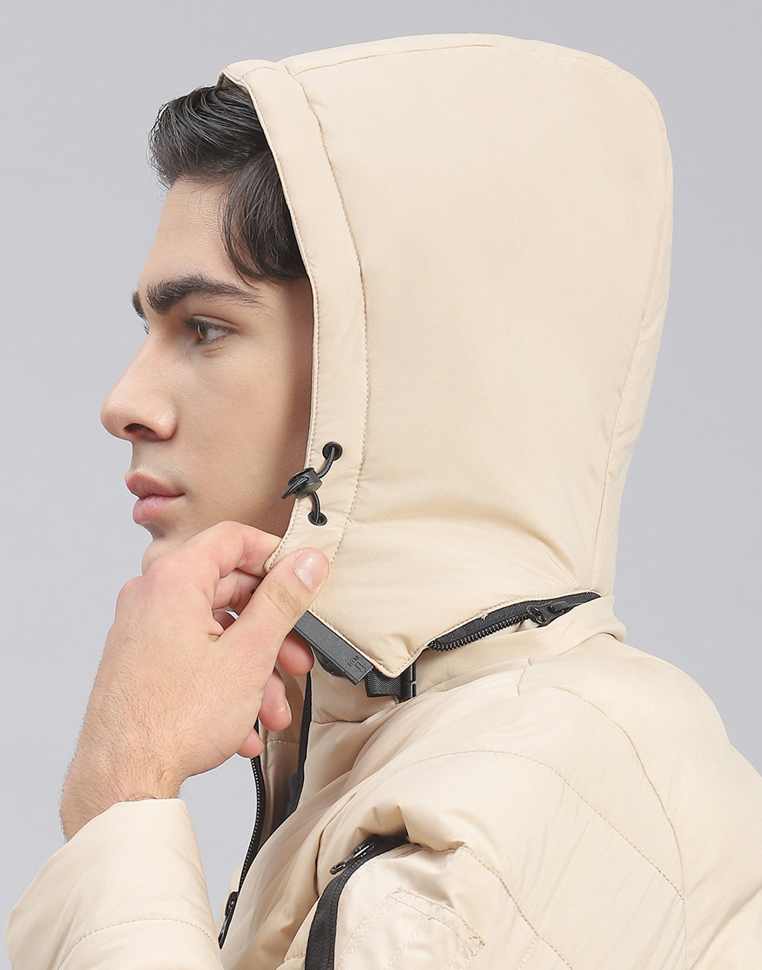 Men Beige Solid Hooded Full Sleeve Jacket