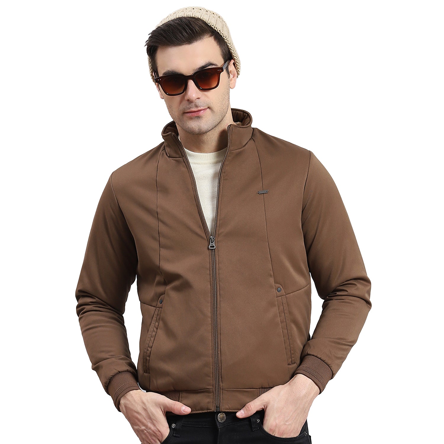 Men Brown Solid Stand Collar Full Sleeve Jacket