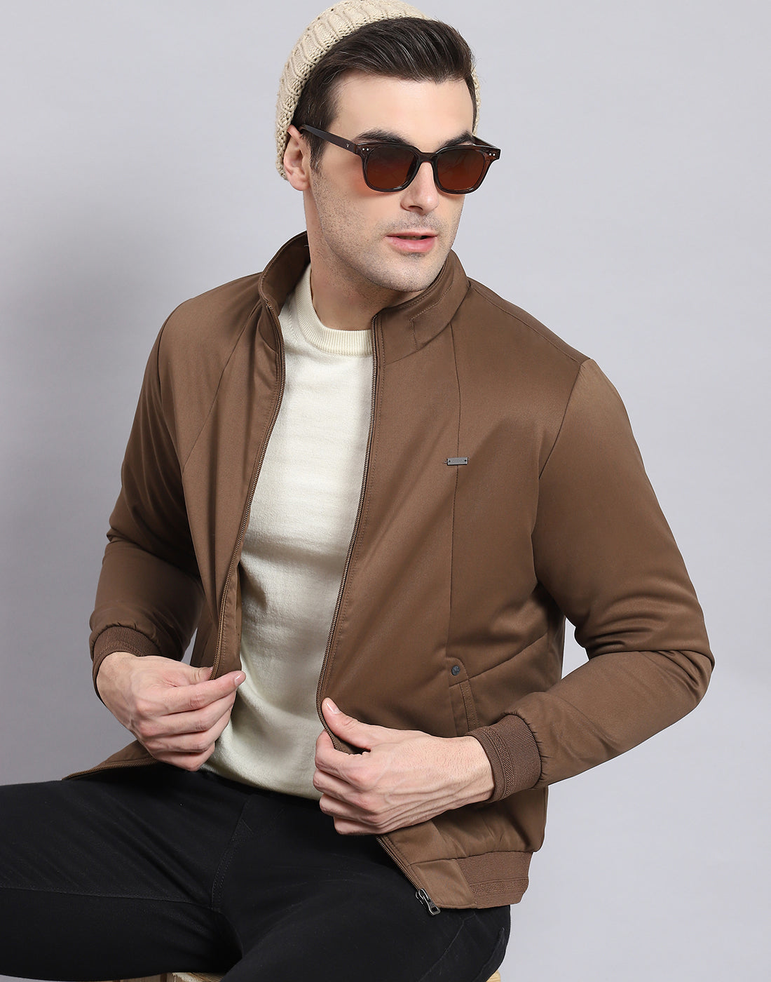 Men Brown Solid Stand Collar Full Sleeve Jacket