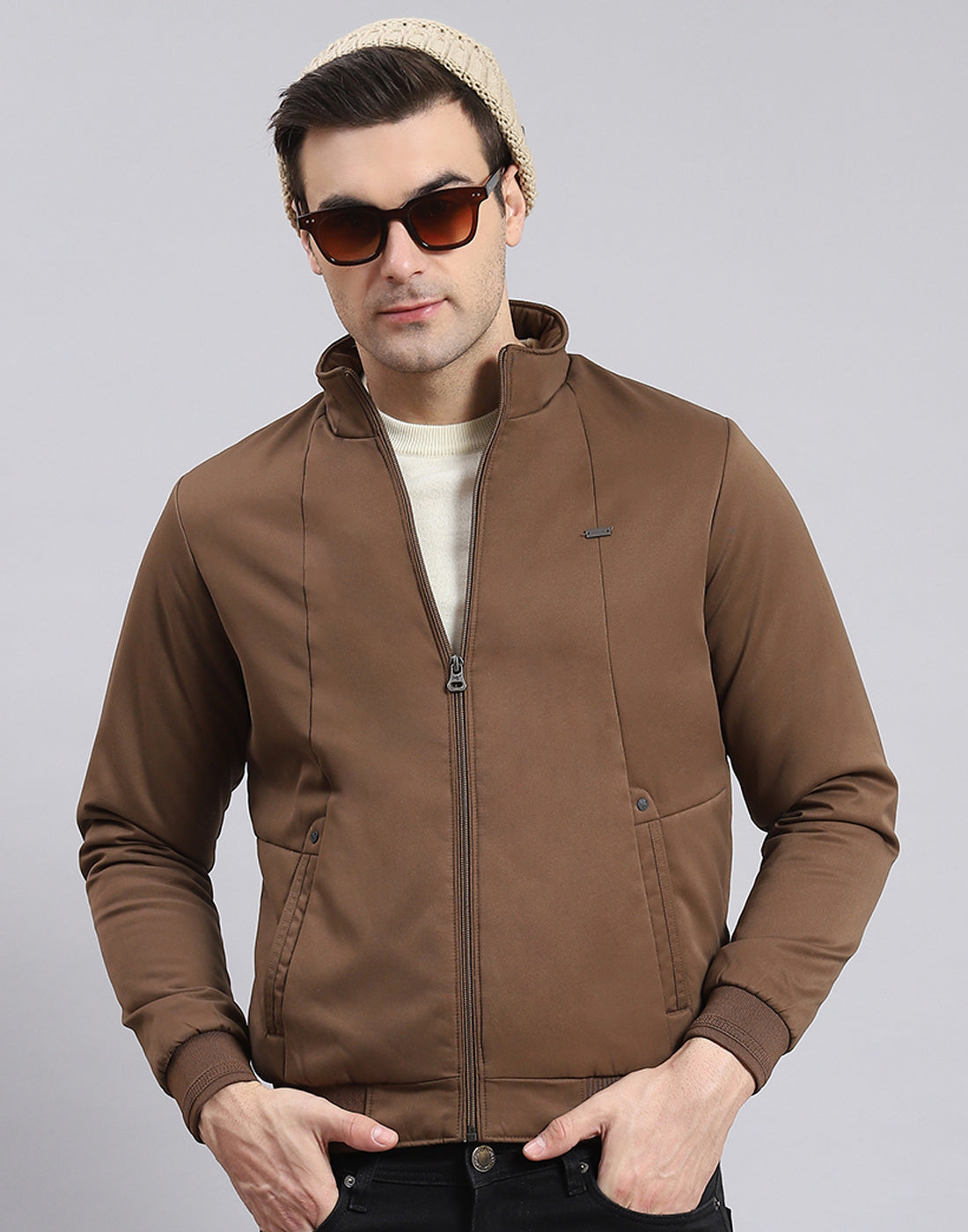 Men Brown Solid Stand Collar Full Sleeve Jacket