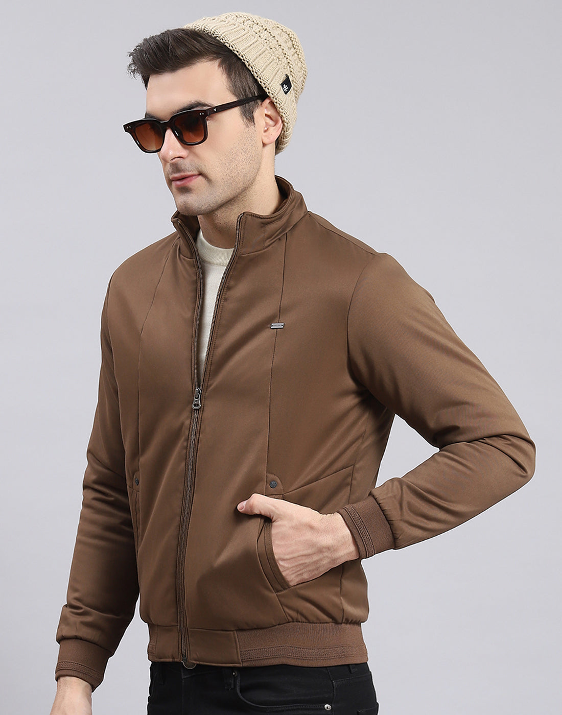 Men Brown Solid Stand Collar Full Sleeve Jacket