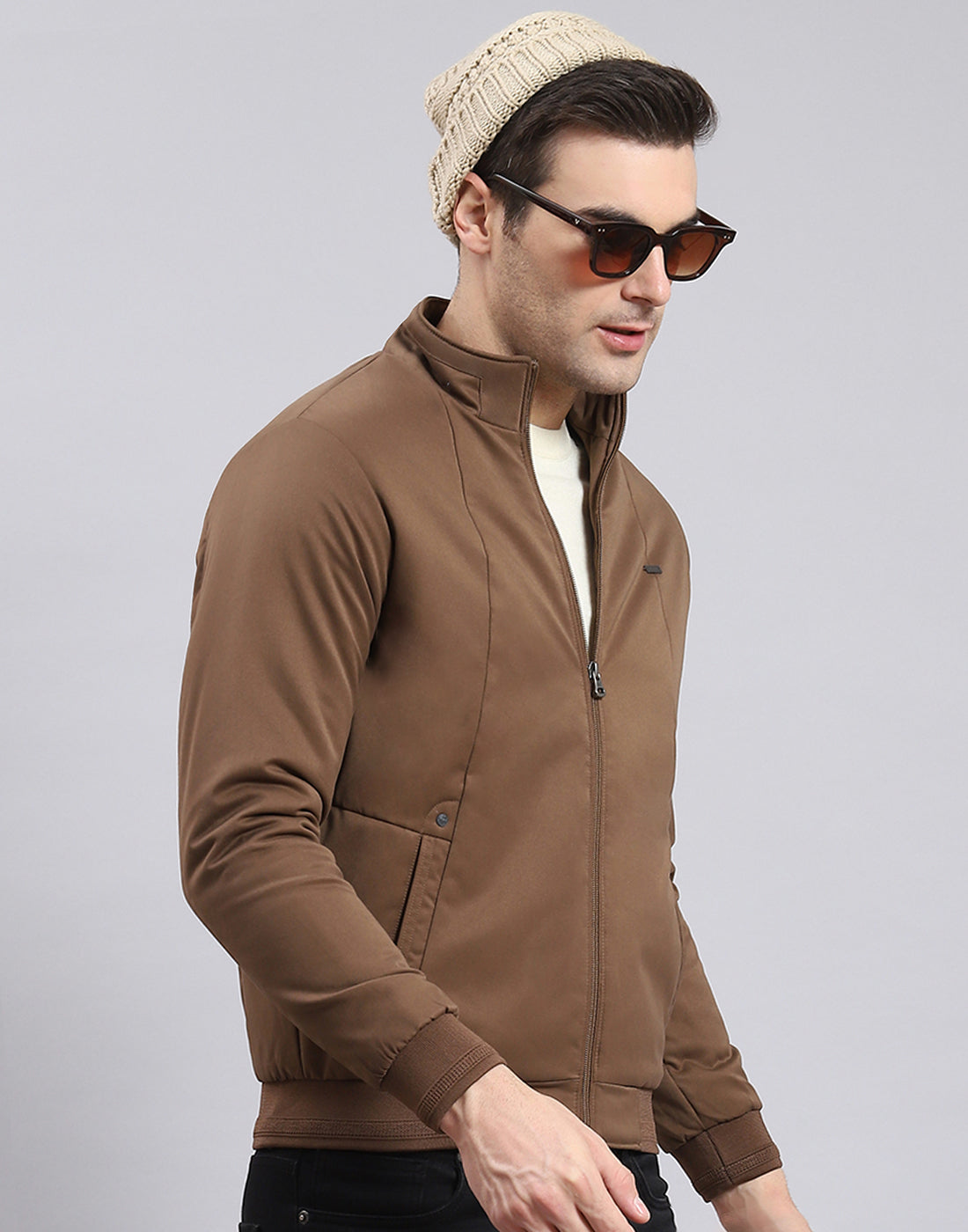 Men Brown Solid Stand Collar Full Sleeve Jacket