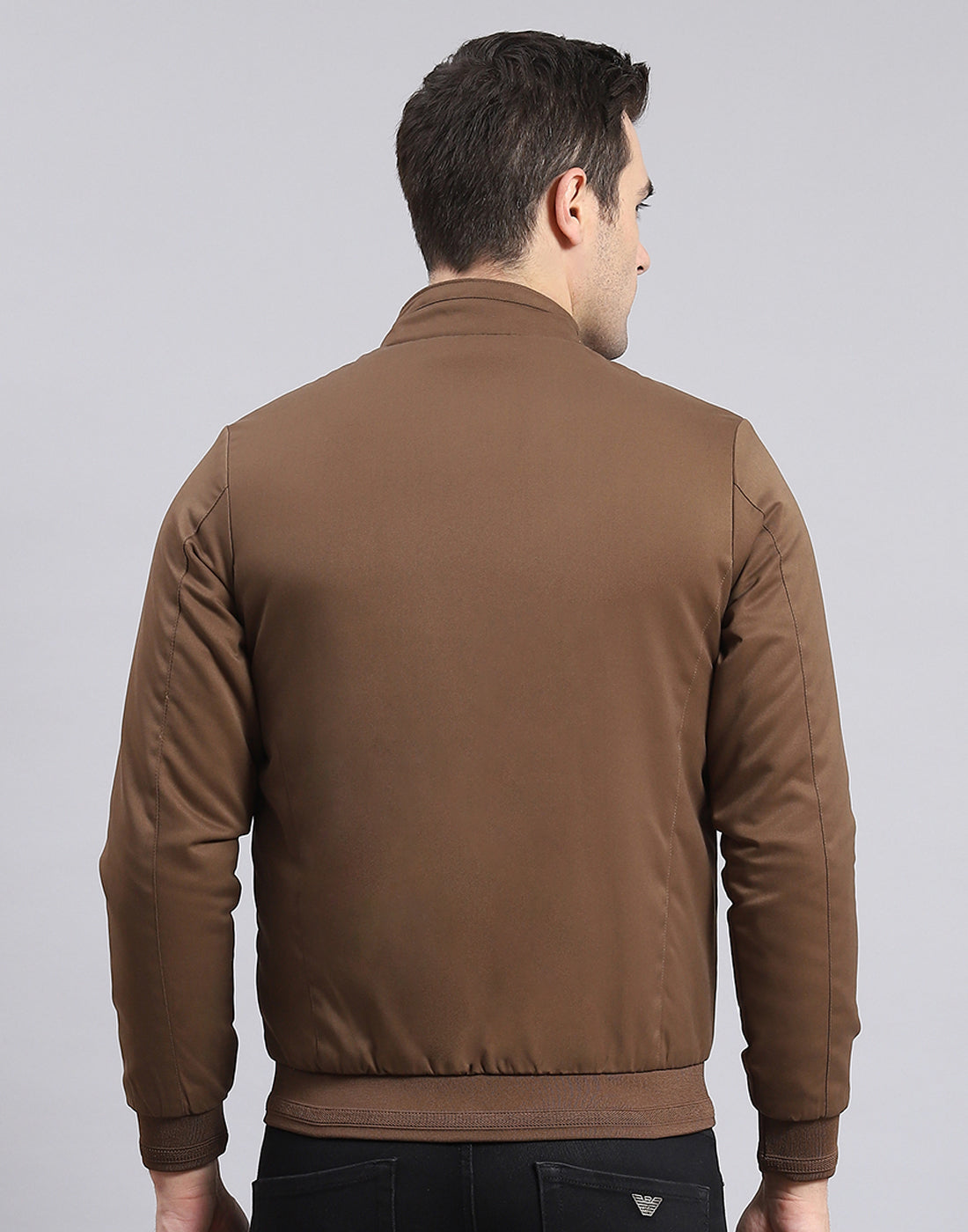 Men Brown Solid Stand Collar Full Sleeve Jacket