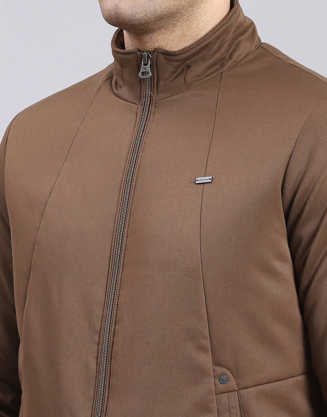 Men Brown Solid Stand Collar Full Sleeve Jacket