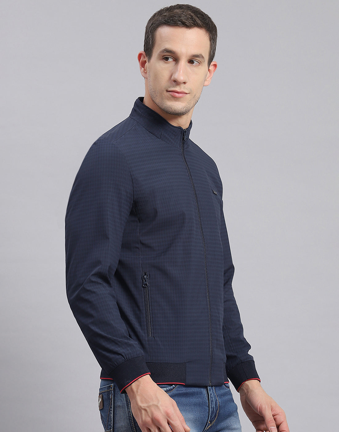 Men Navy Blue Check Stand Collar Full Sleeve Jacket