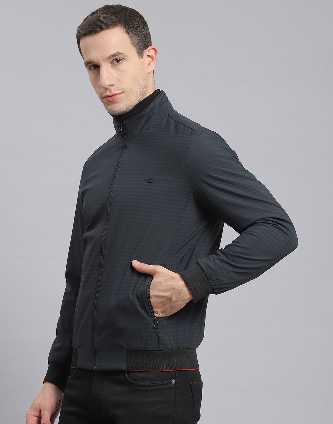 Men Black Check Stand Collar Full Sleeve Jacket