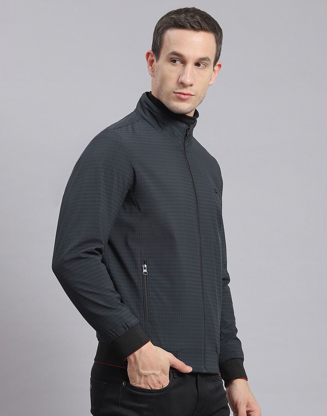 Men Black Check Stand Collar Full Sleeve Jacket