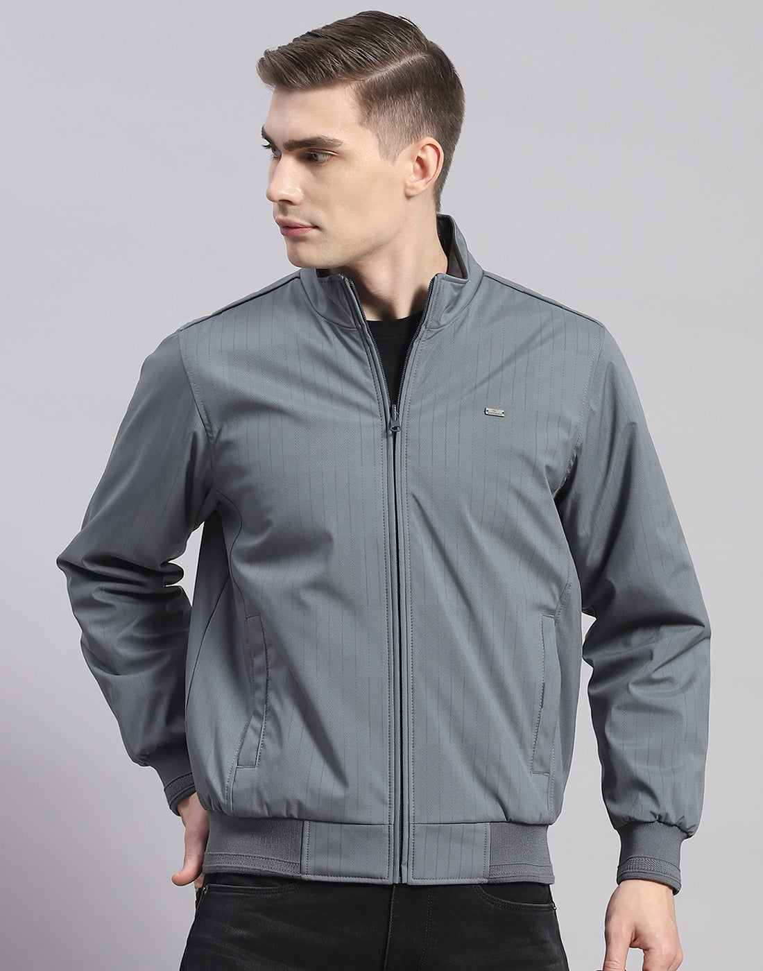 Men Grey Solid Stand Collar Full Sleeve Jacket