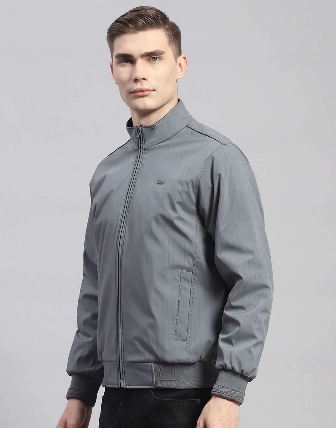 Men Grey Solid Stand Collar Full Sleeve Jacket