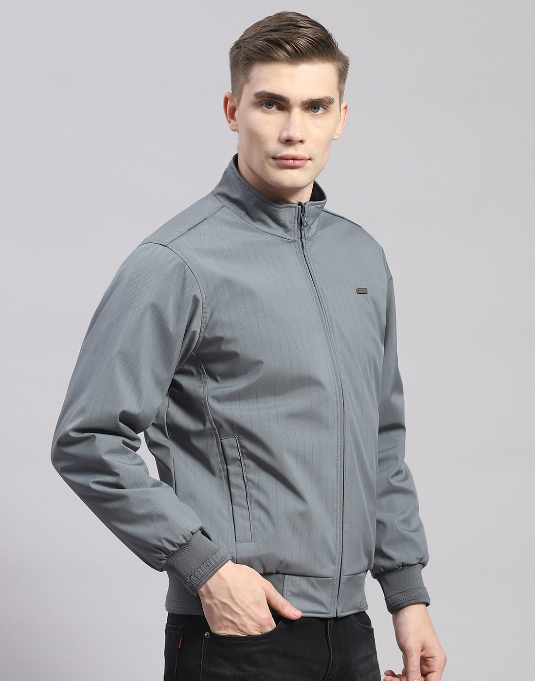 Men Grey Solid Stand Collar Full Sleeve Jacket