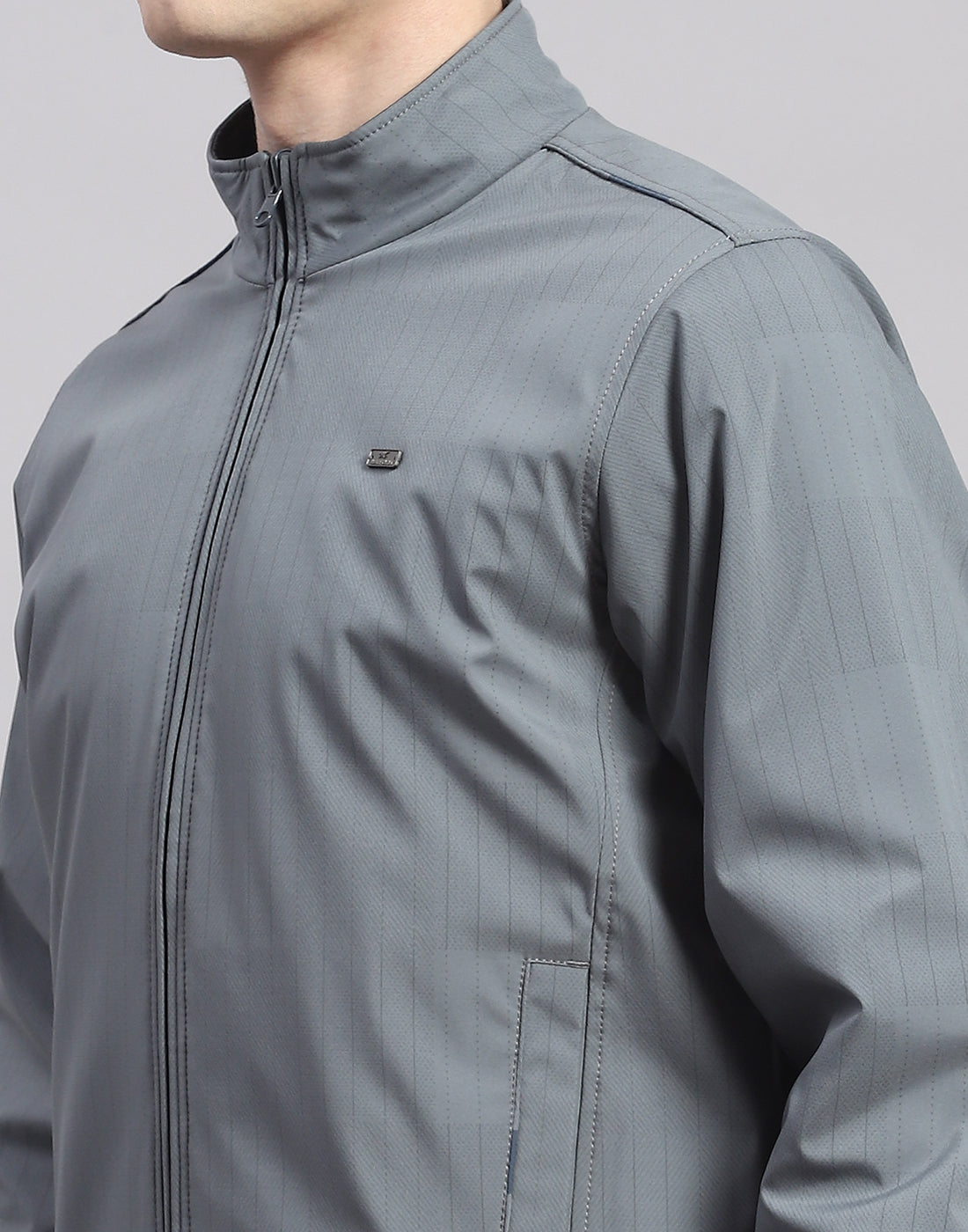 Men Grey Solid Stand Collar Full Sleeve Jacket