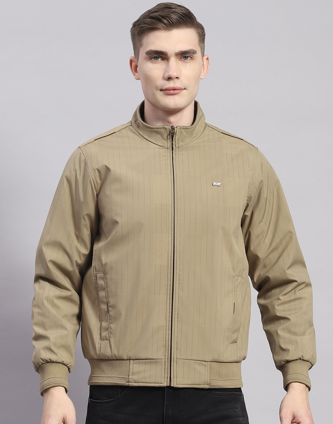 Men Khaki Solid Stand Collar Full Sleeve Jacket