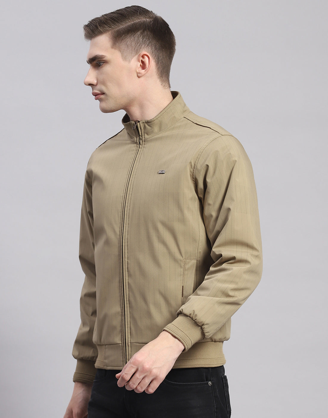 Men Khaki Solid Stand Collar Full Sleeve Jacket