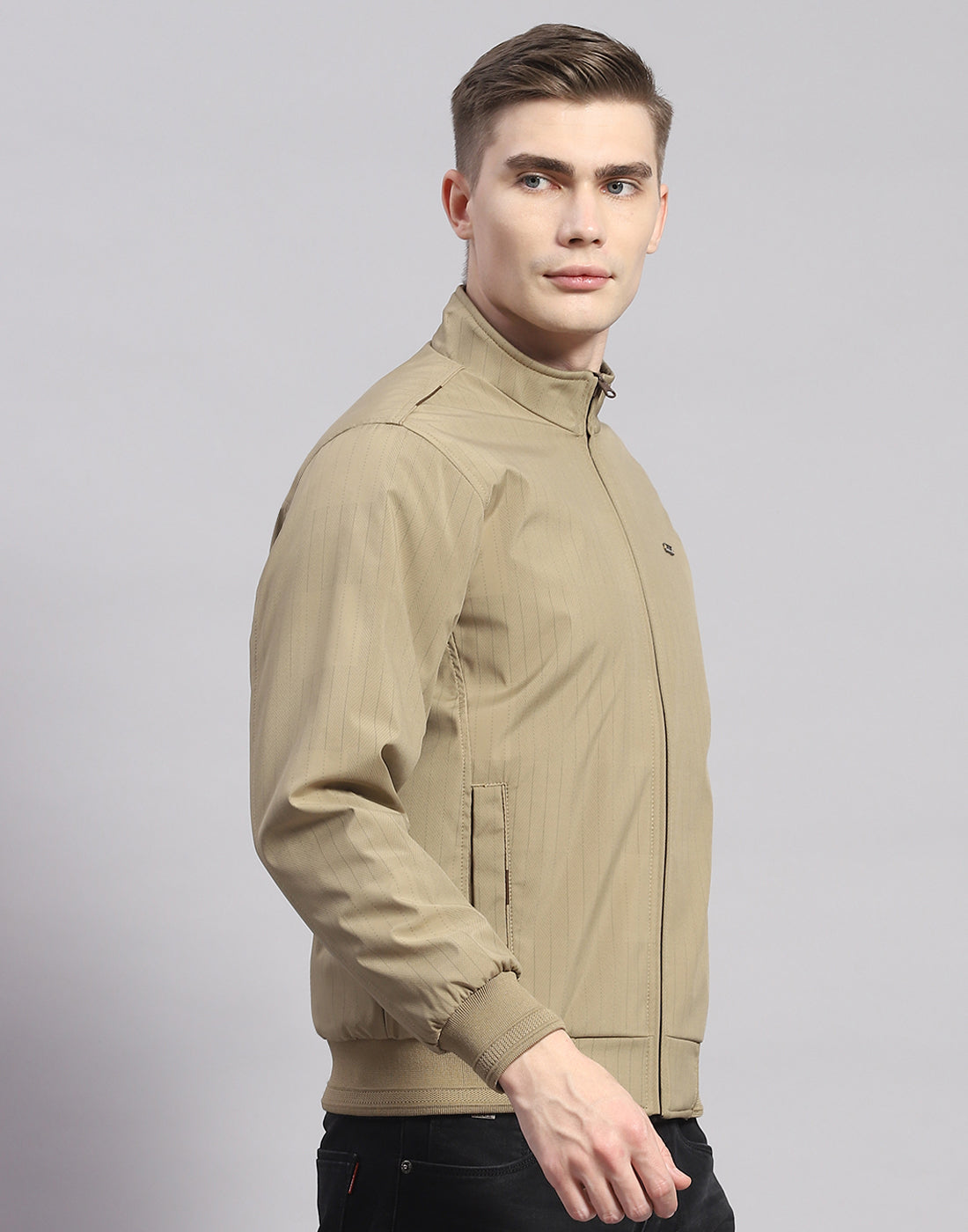 Men Khaki Solid Stand Collar Full Sleeve Jacket