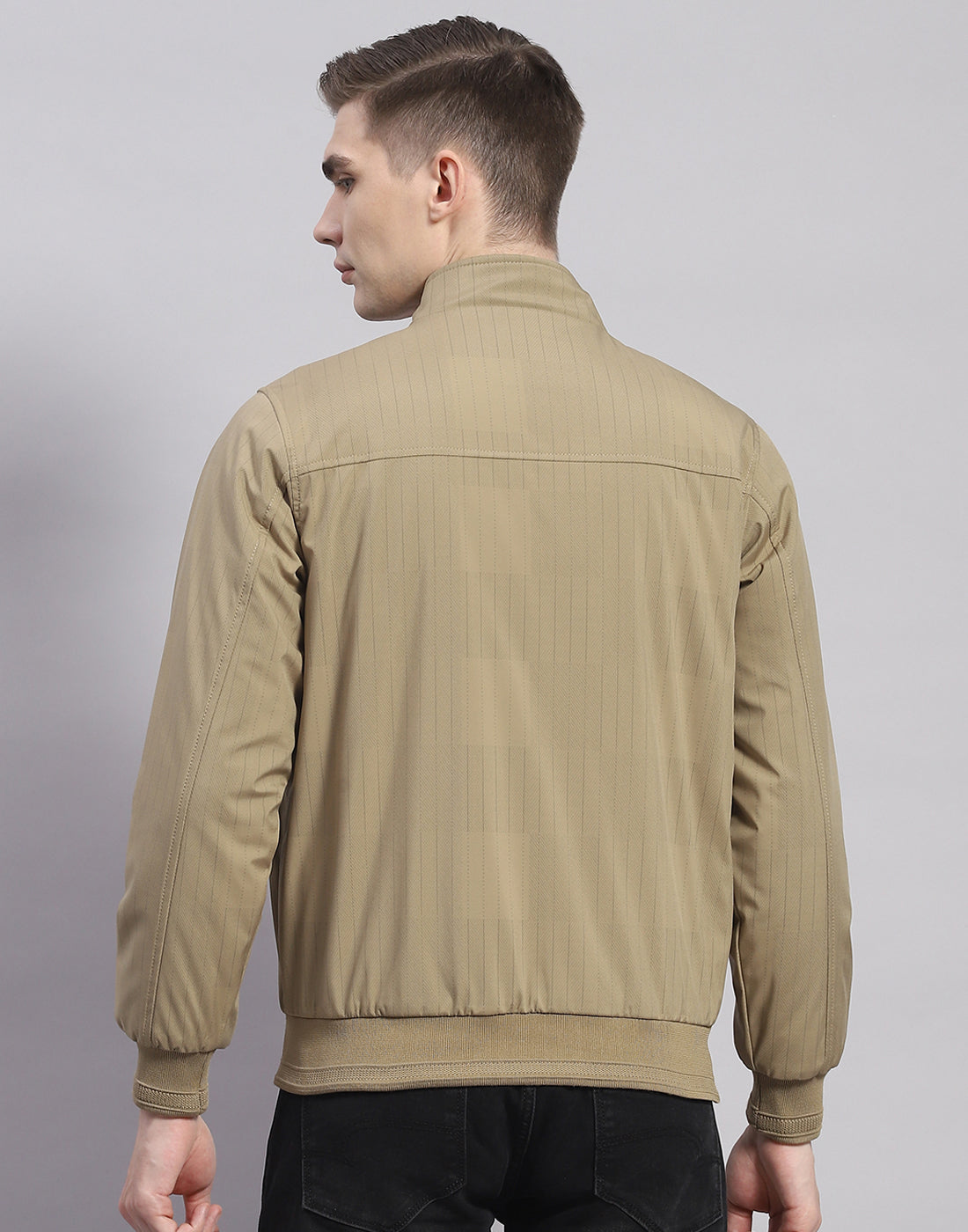 Men Khaki Solid Stand Collar Full Sleeve Jacket