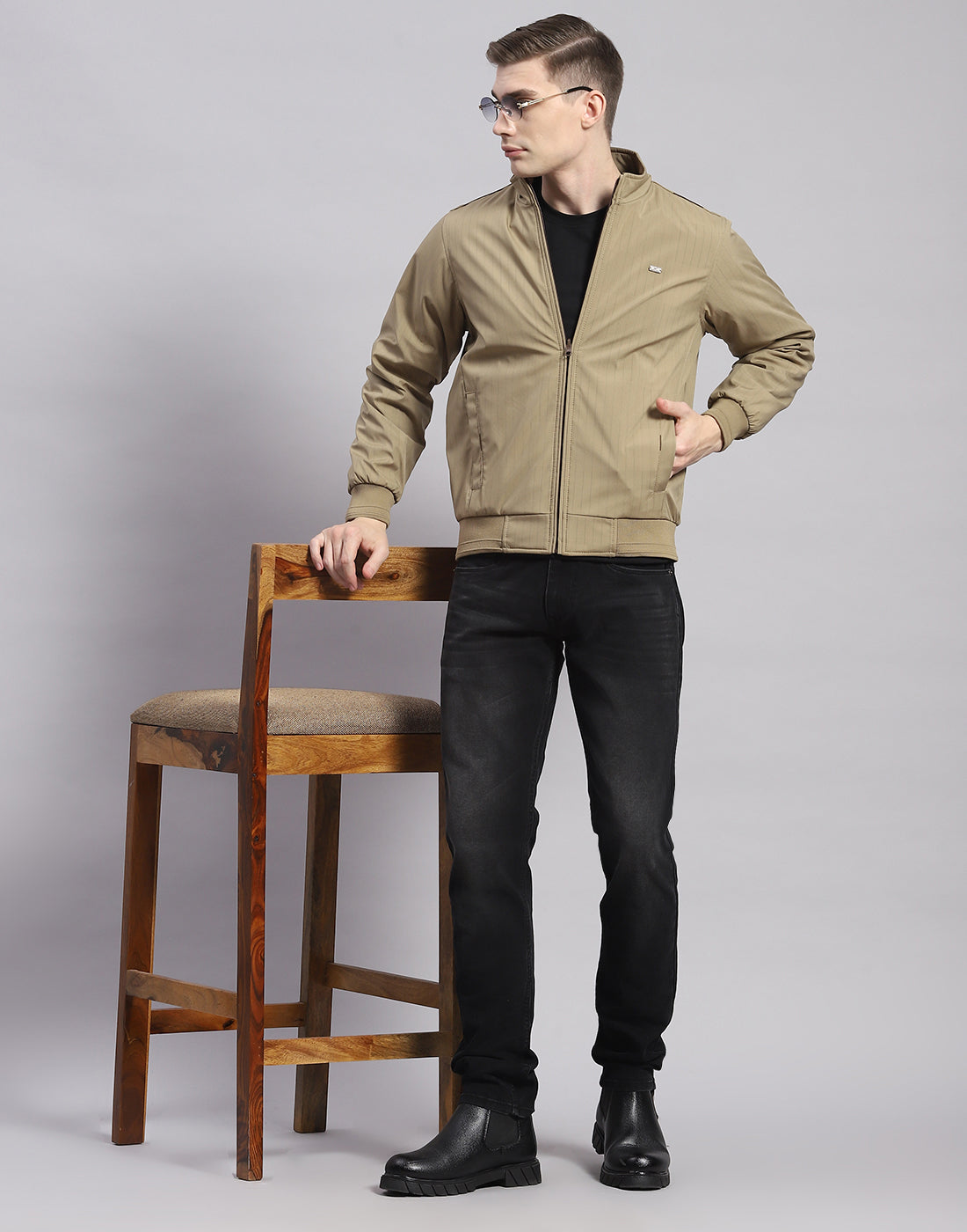 Men Khaki Solid Stand Collar Full Sleeve Jacket