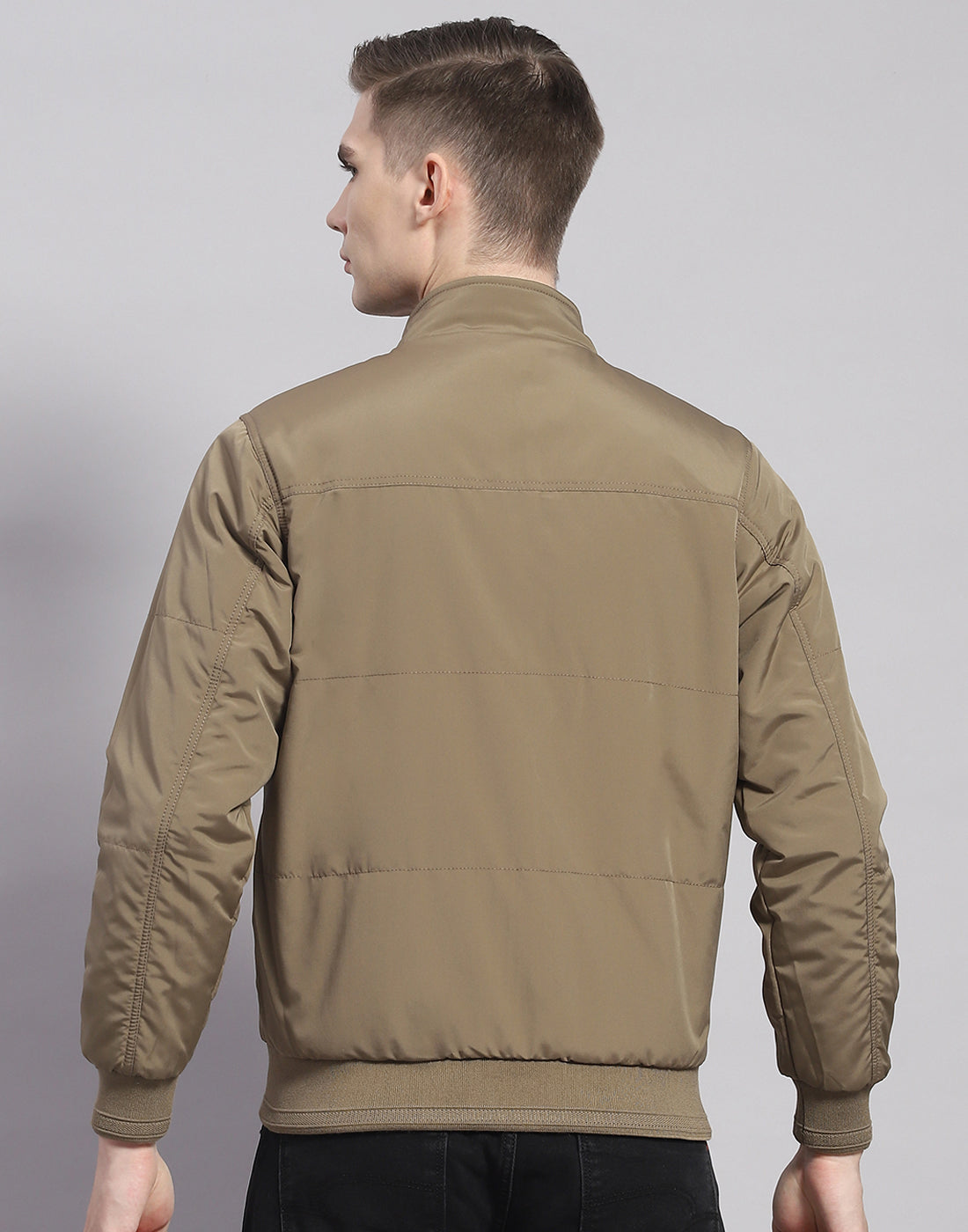 Men Khaki Solid Stand Collar Full Sleeve Jacket