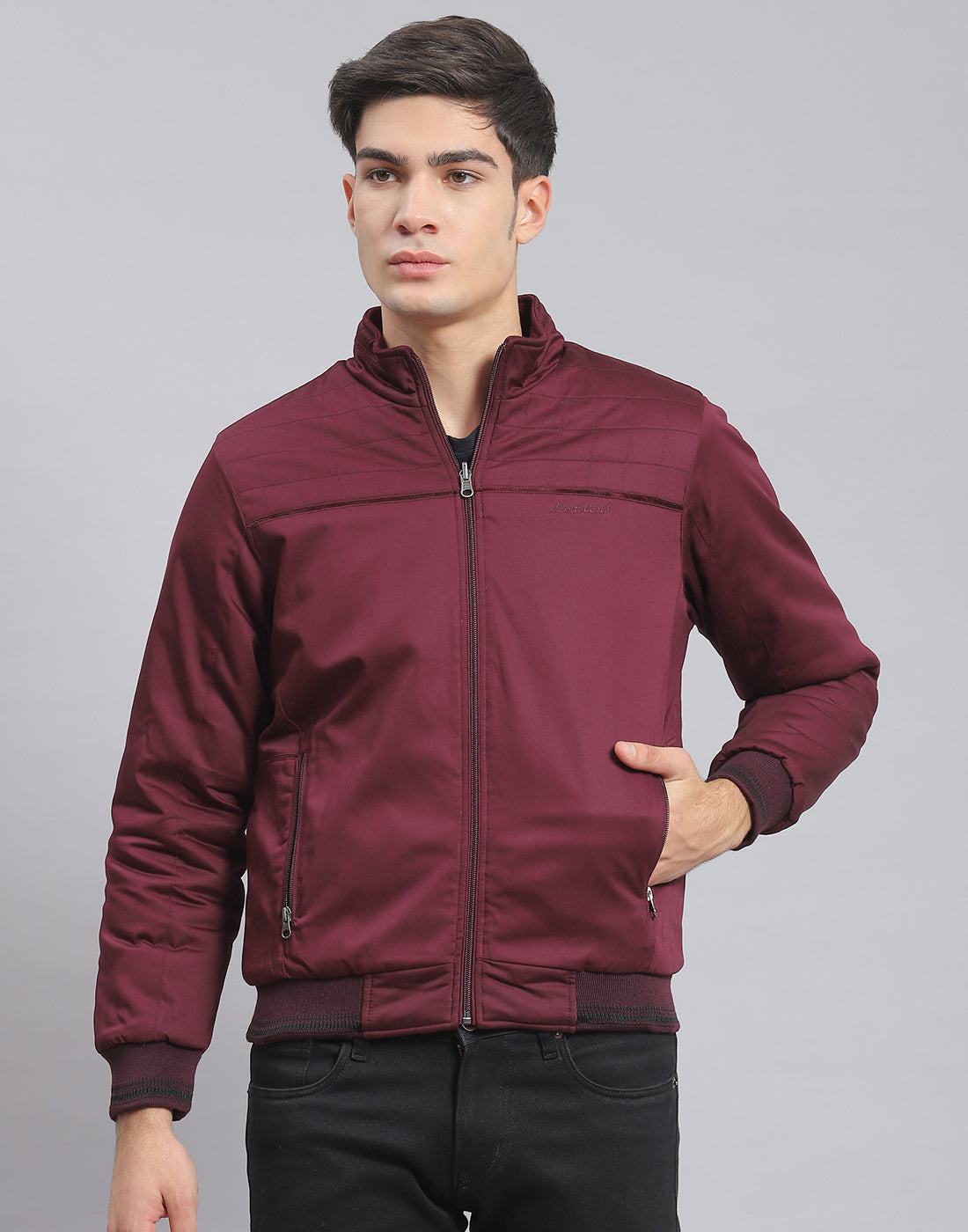 Men Maroon Solid Stand Collar Full Sleeve Jacket