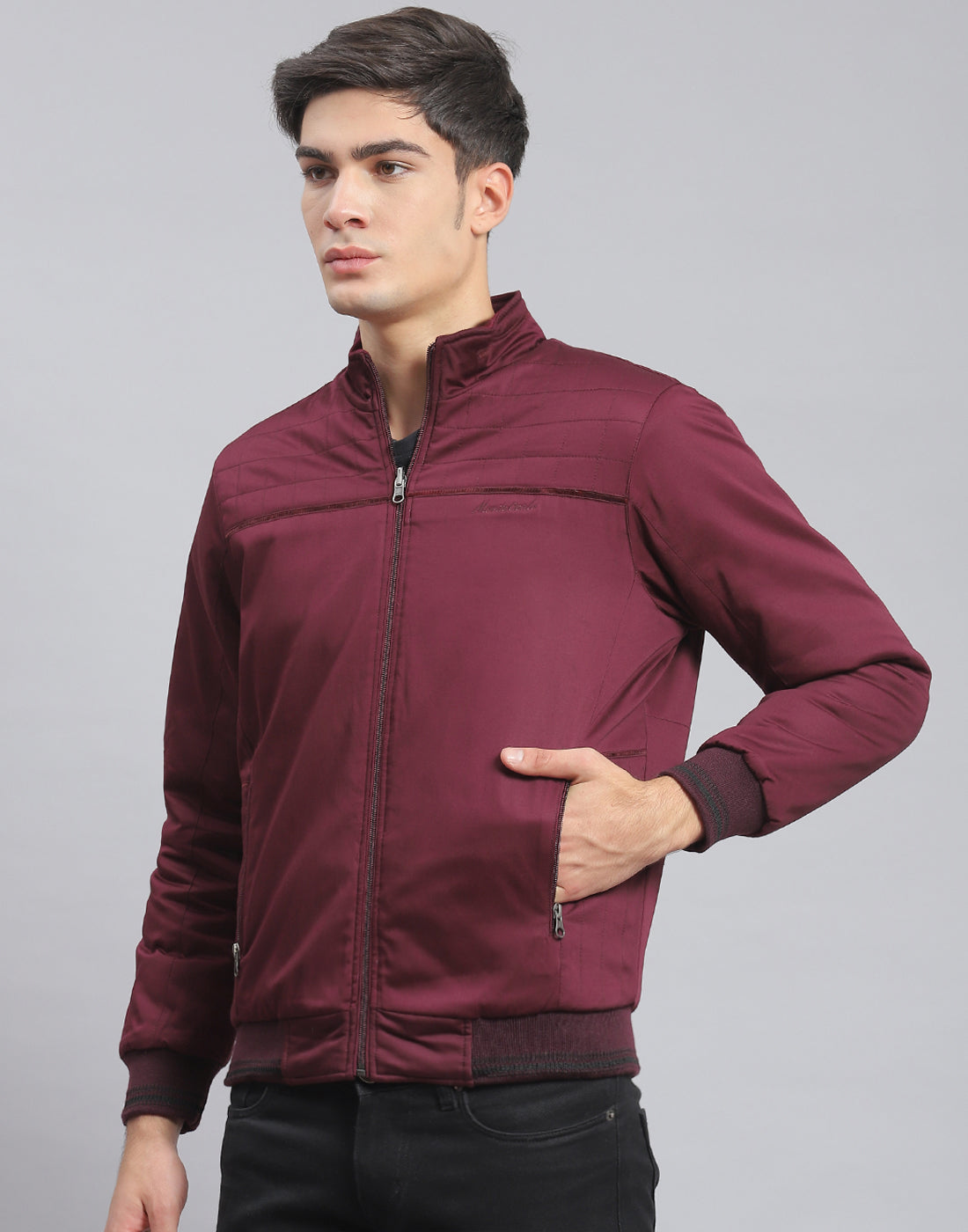 Men Maroon Solid Stand Collar Full Sleeve Jacket