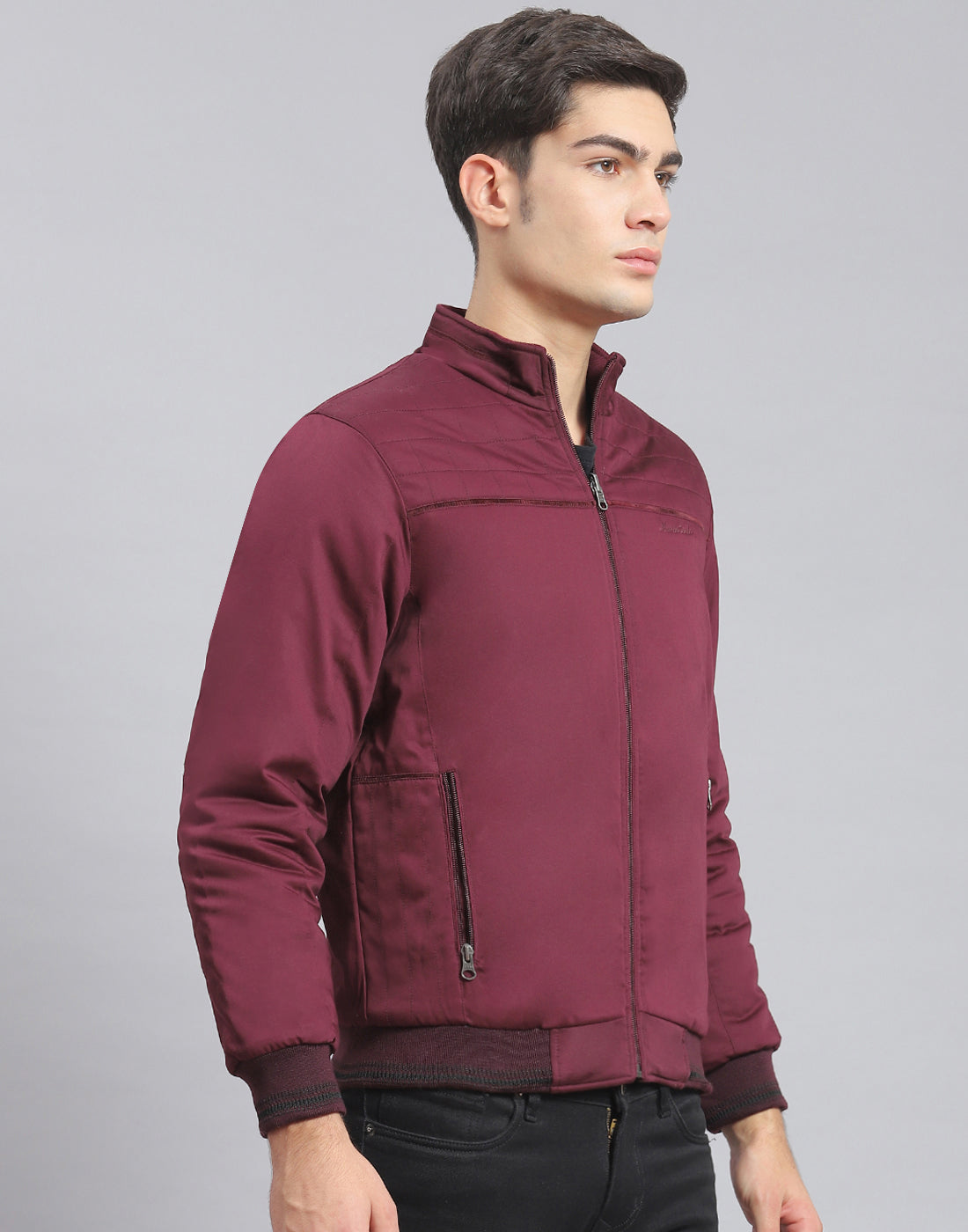 Men Maroon Solid Stand Collar Full Sleeve Jacket