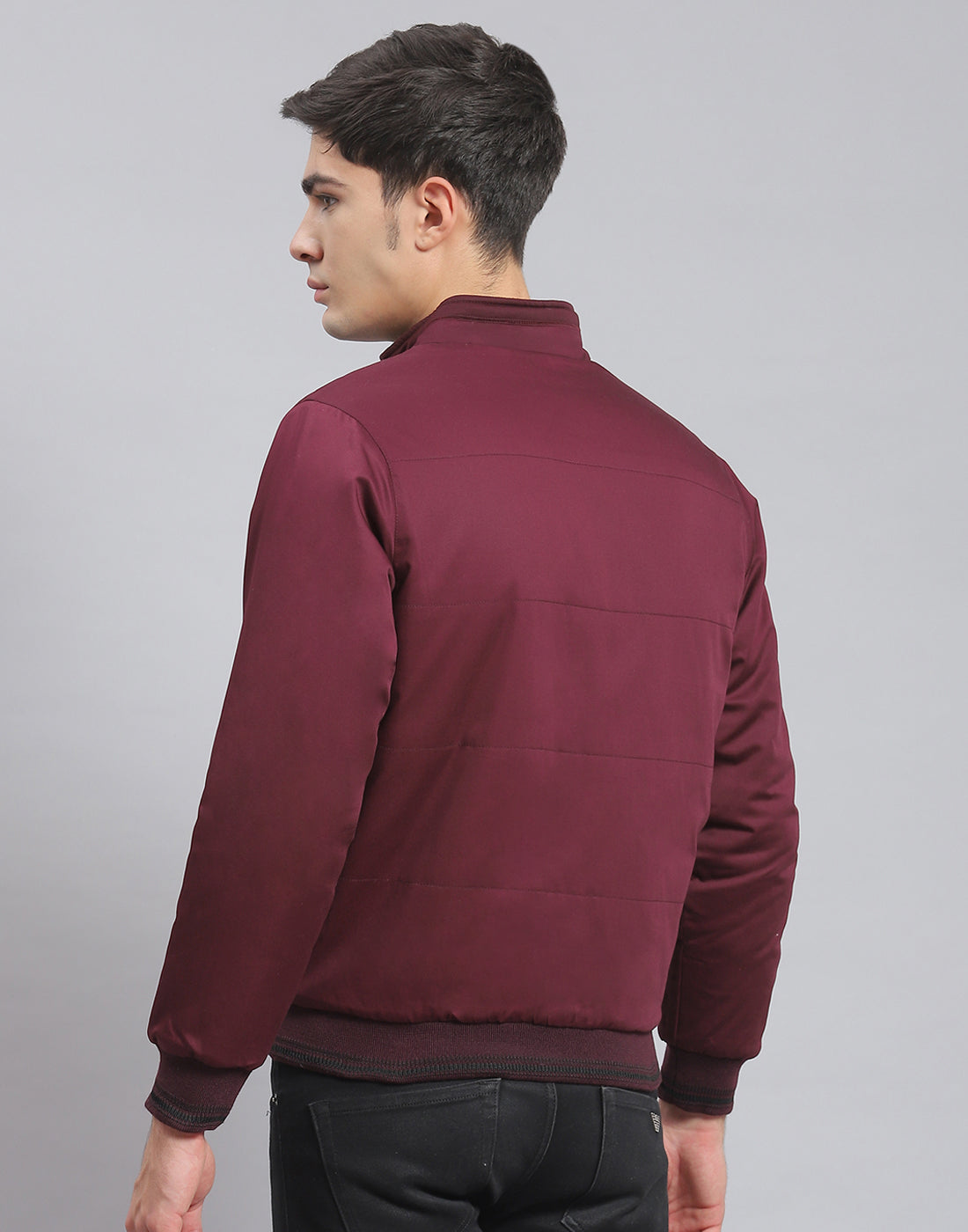 Men Maroon Solid Stand Collar Full Sleeve Jacket