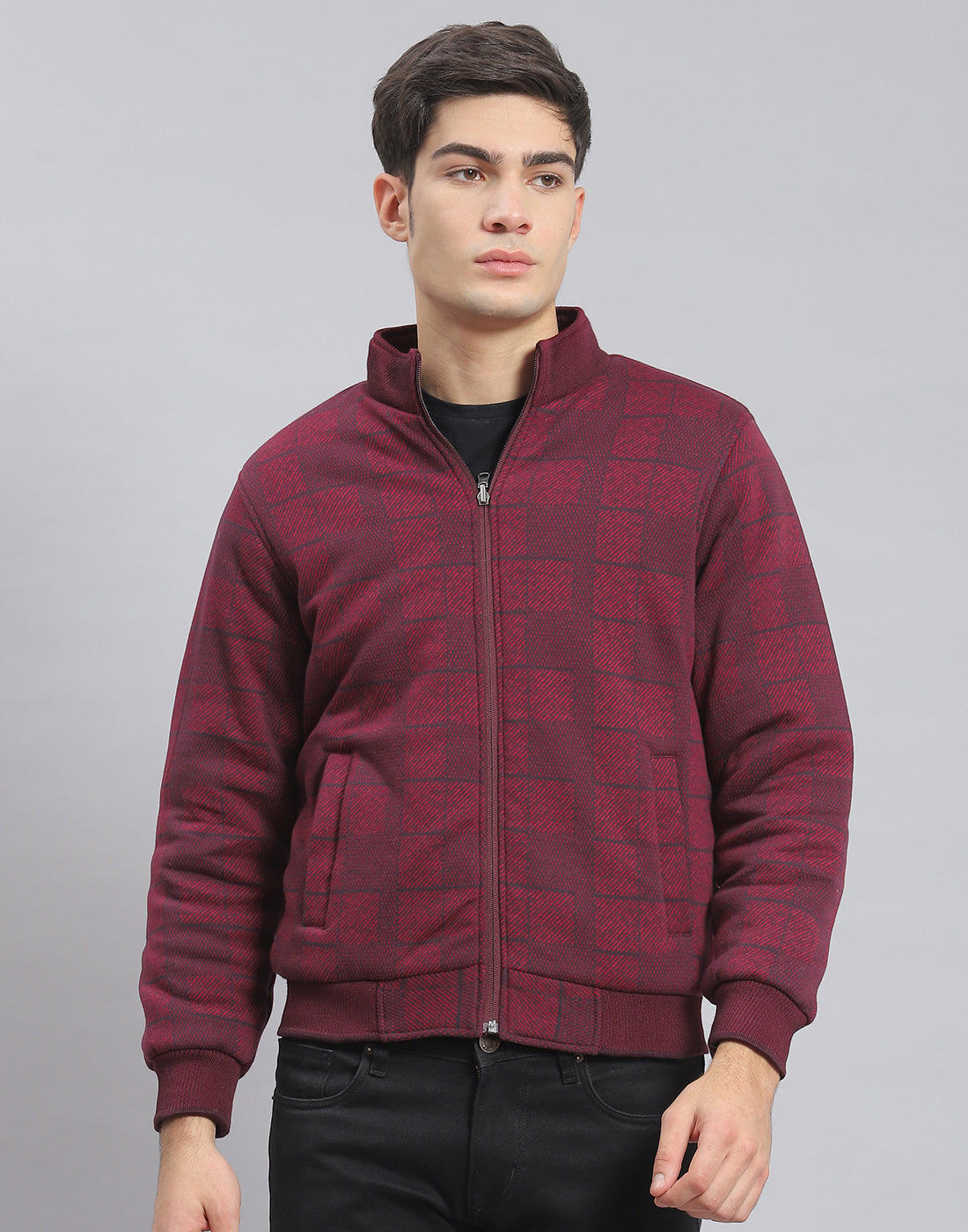 Men Maroon Solid Stand Collar Full Sleeve Jacket