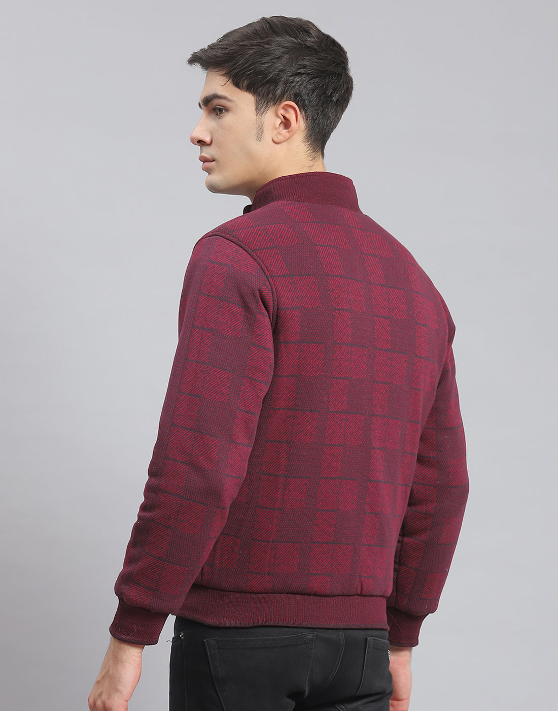 Men Maroon Solid Stand Collar Full Sleeve Jacket