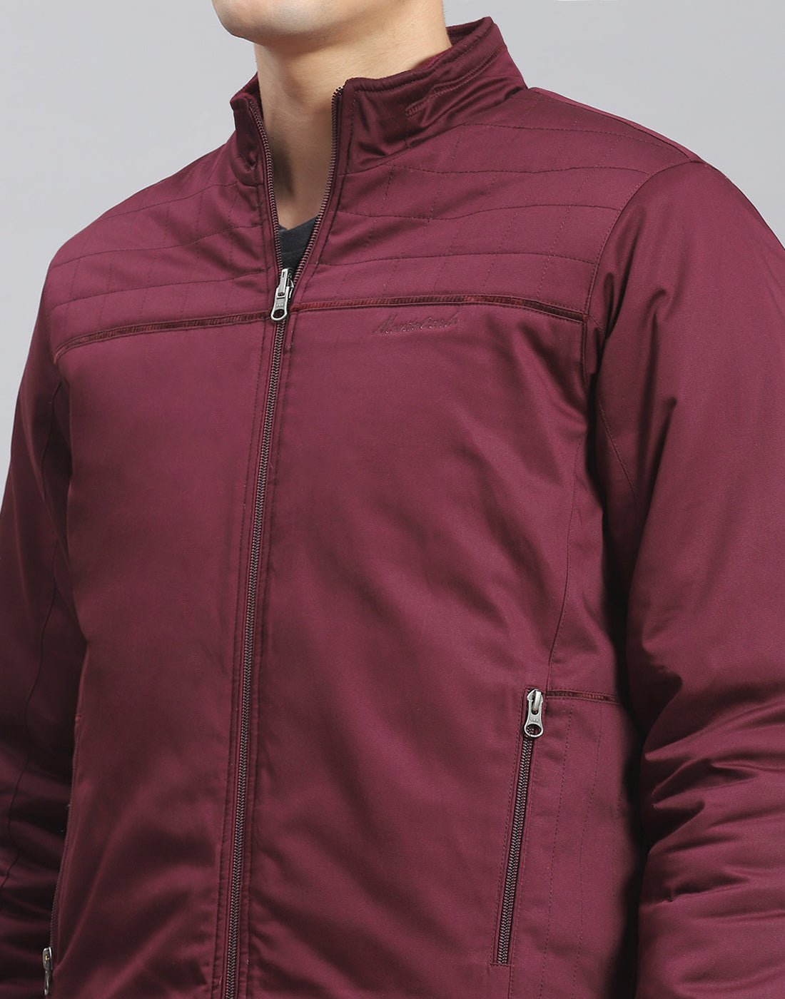 Men Maroon Solid Stand Collar Full Sleeve Jacket