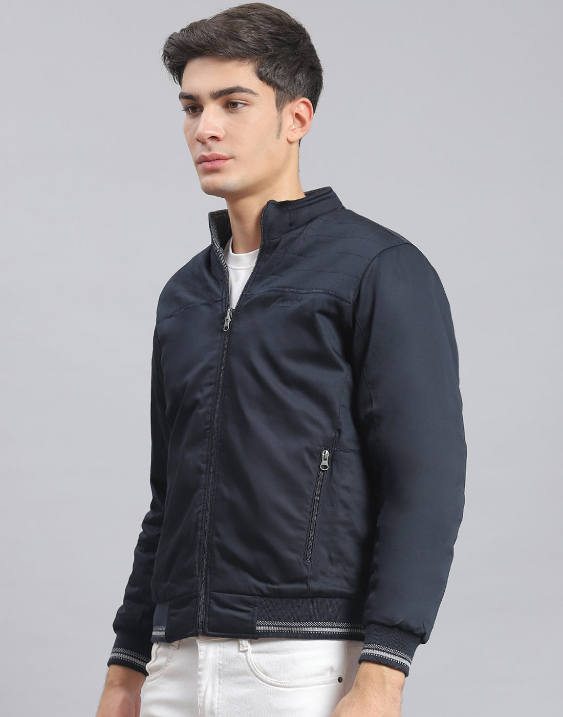 Men Navy Blue Solid Stand Collar Full Sleeve Jacket