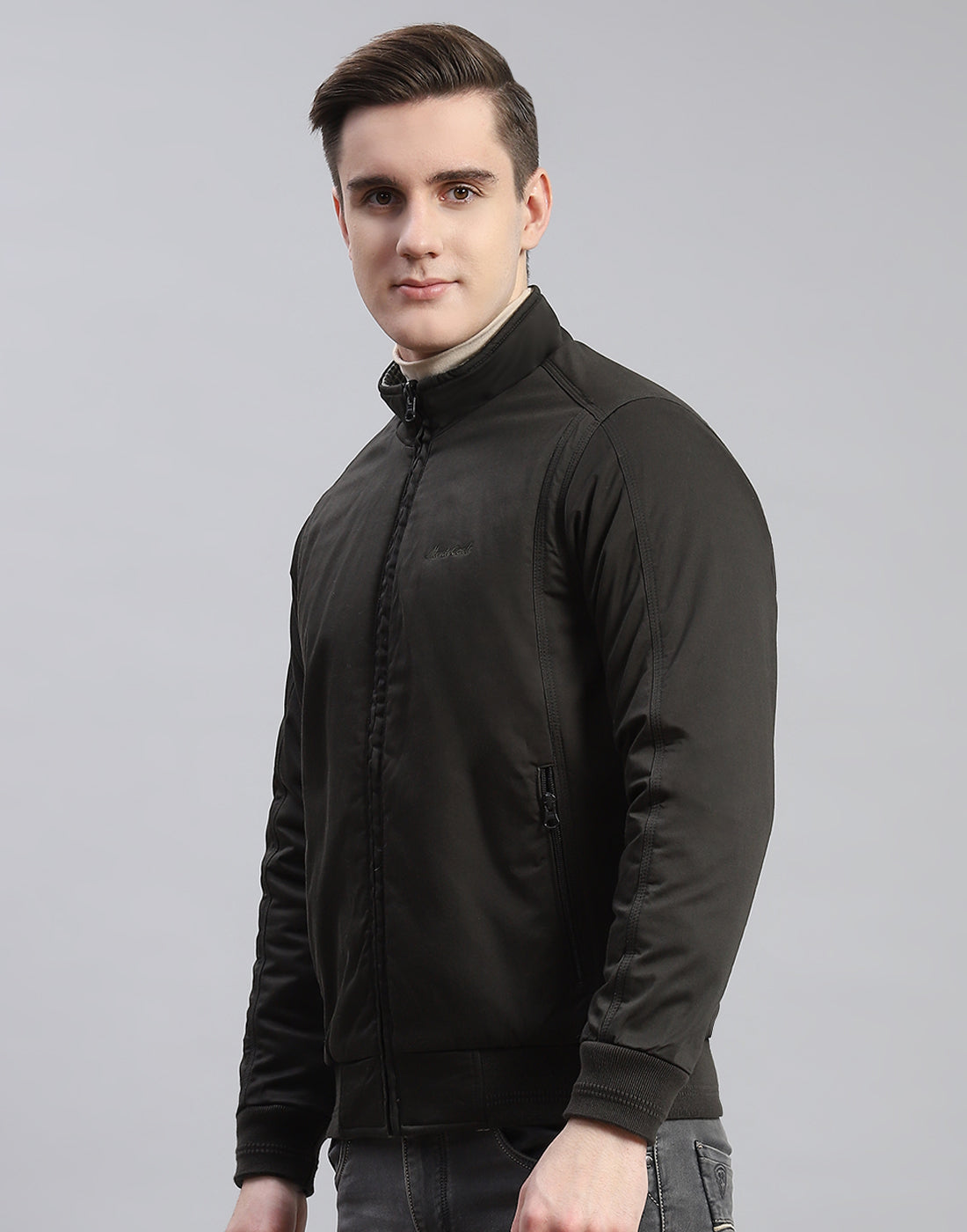 Men Olive Solid Stand Collar Full Sleeve Jacket