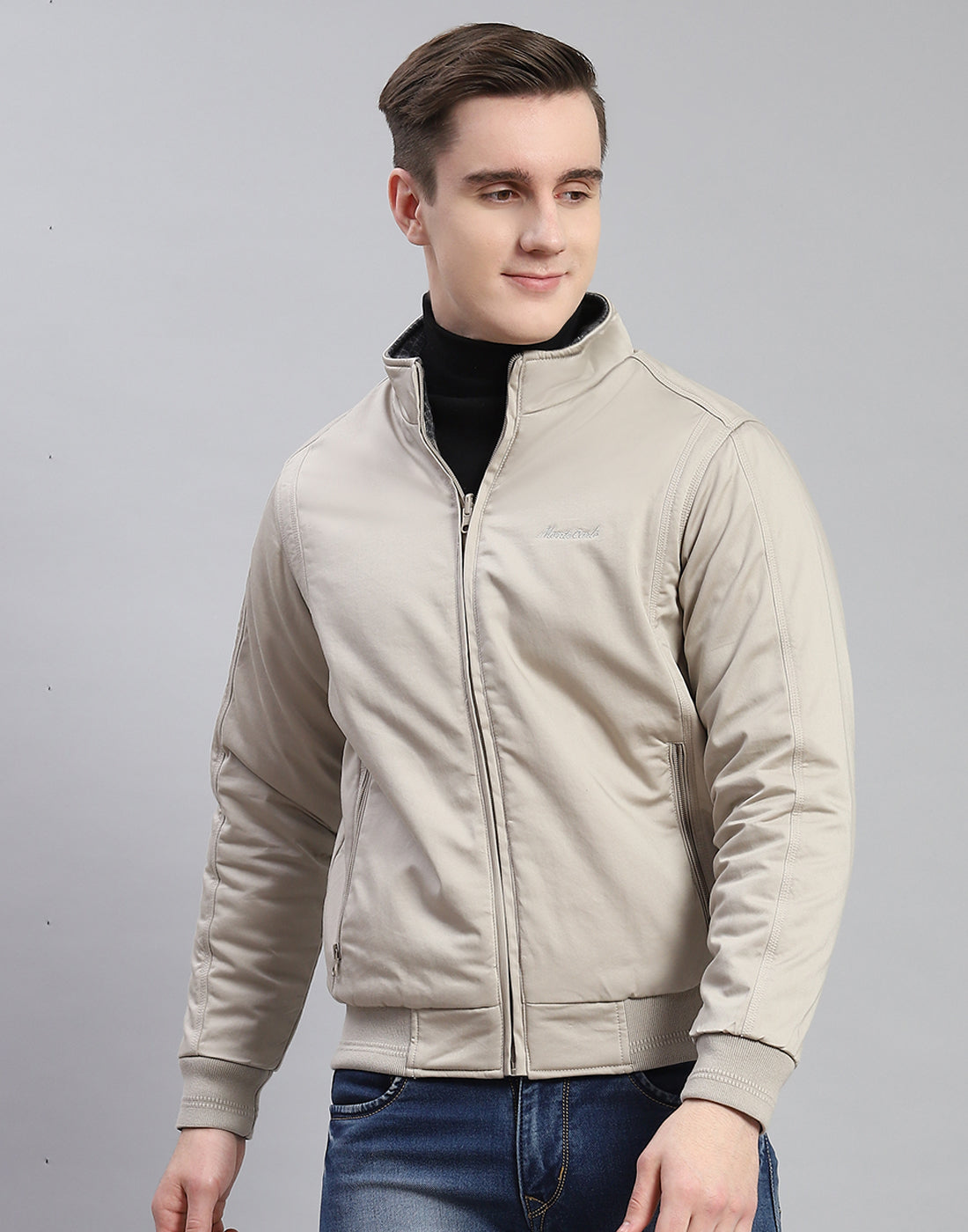 Men Beige Solid Stand Collar Full Sleeve Jacket