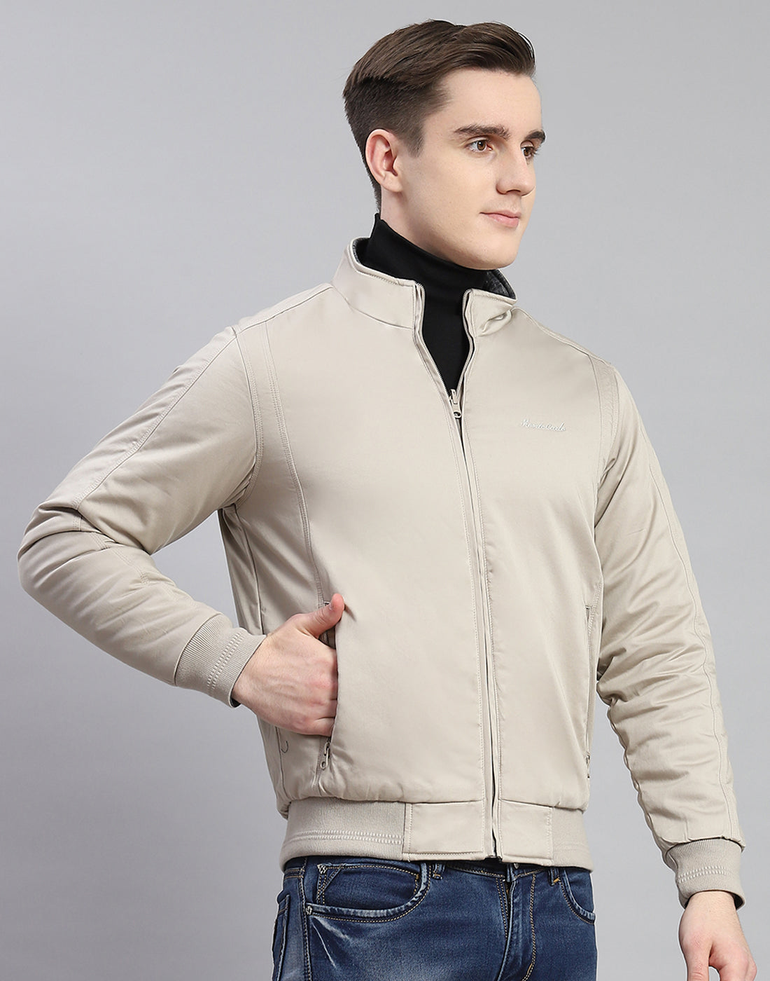 Men Beige Solid Stand Collar Full Sleeve Jacket