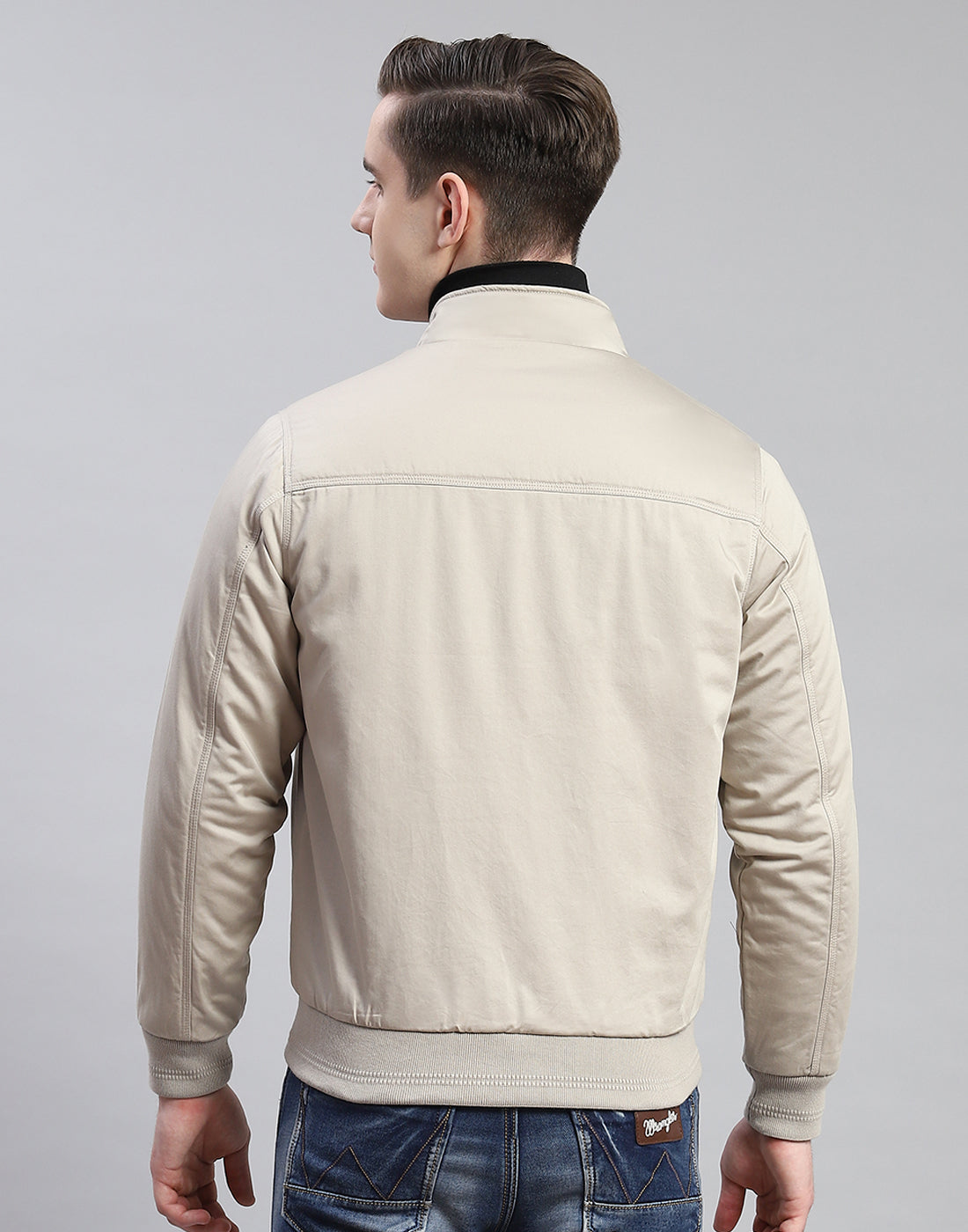 Men Beige Solid Stand Collar Full Sleeve Jacket