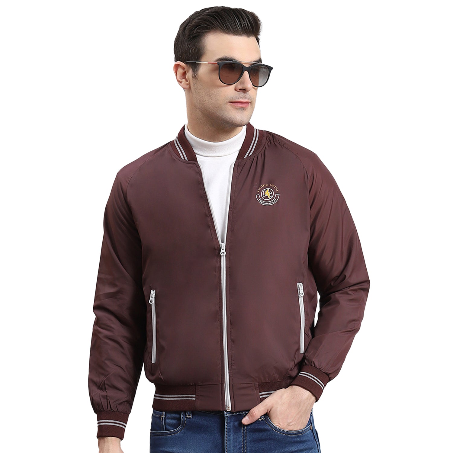 Men Maroon Solid Mandarin Collar Full Sleeve Jacket