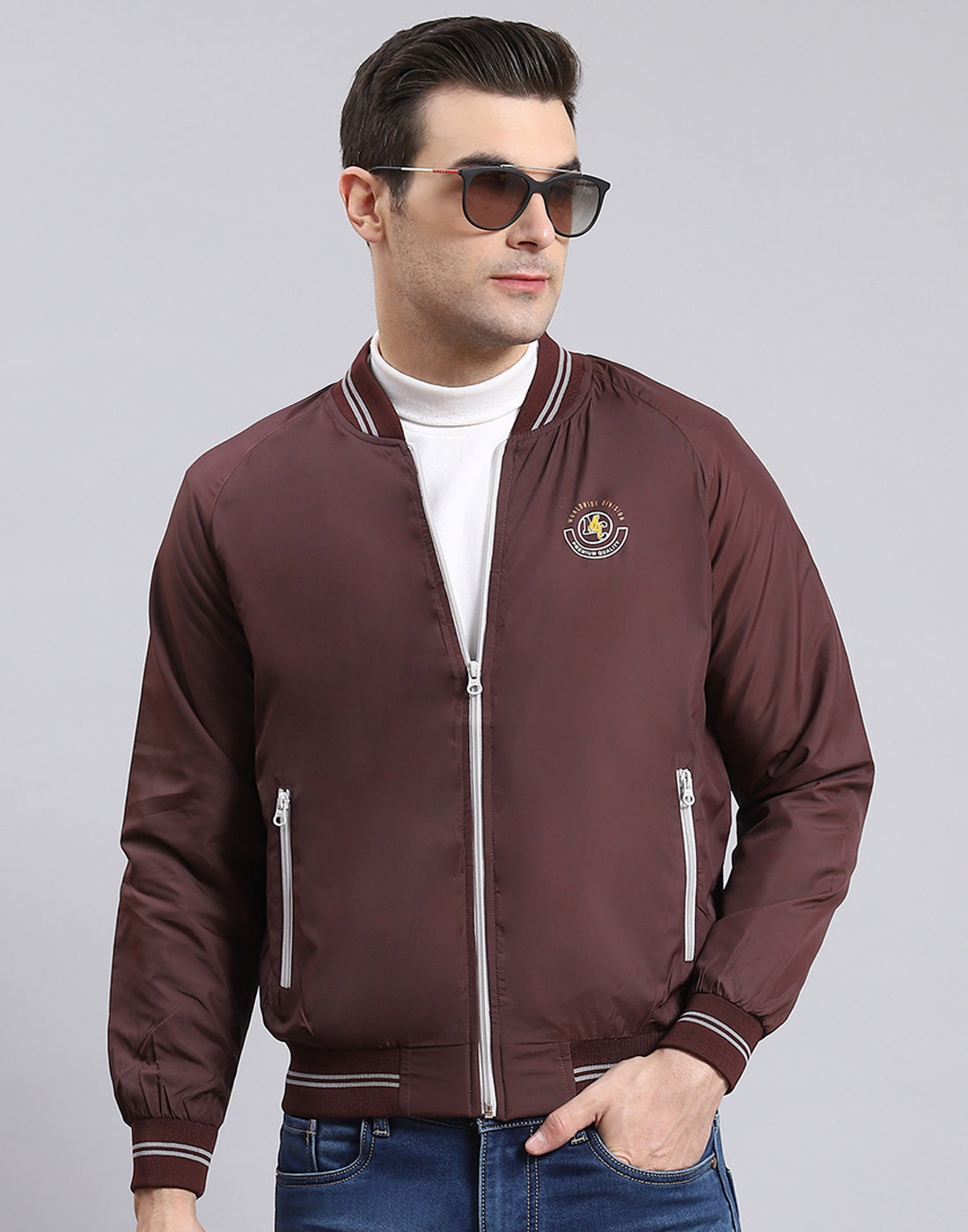 Men Maroon Solid Mandarin Collar Full Sleeve Jacket