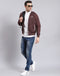 Men Maroon Solid Mandarin Collar Full Sleeve Jacket