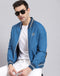 Men Blue Solid Mandarin Collar Full Sleeve Jacket