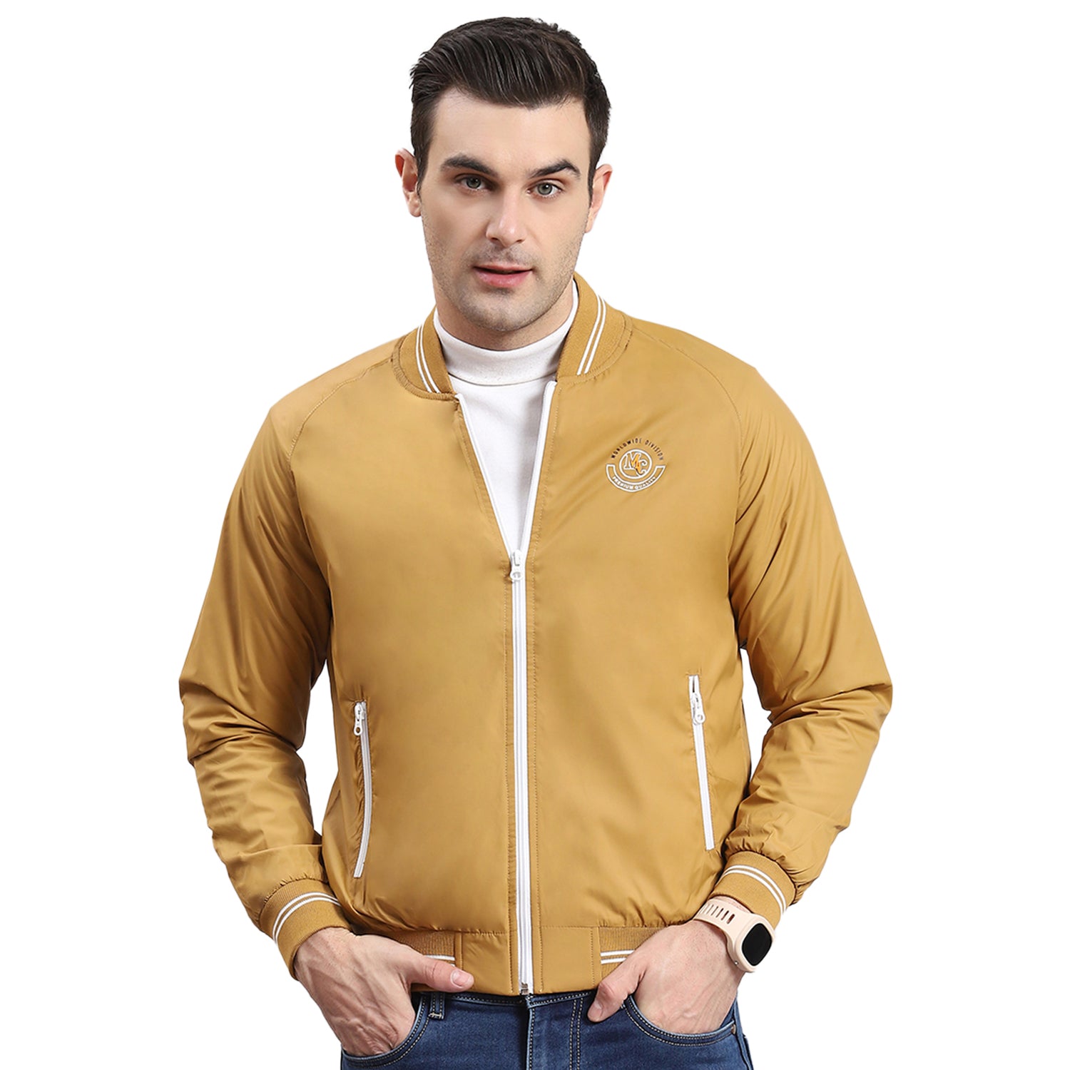 Men Mustard Solid Mandarin Collar Full Sleeve Jacket