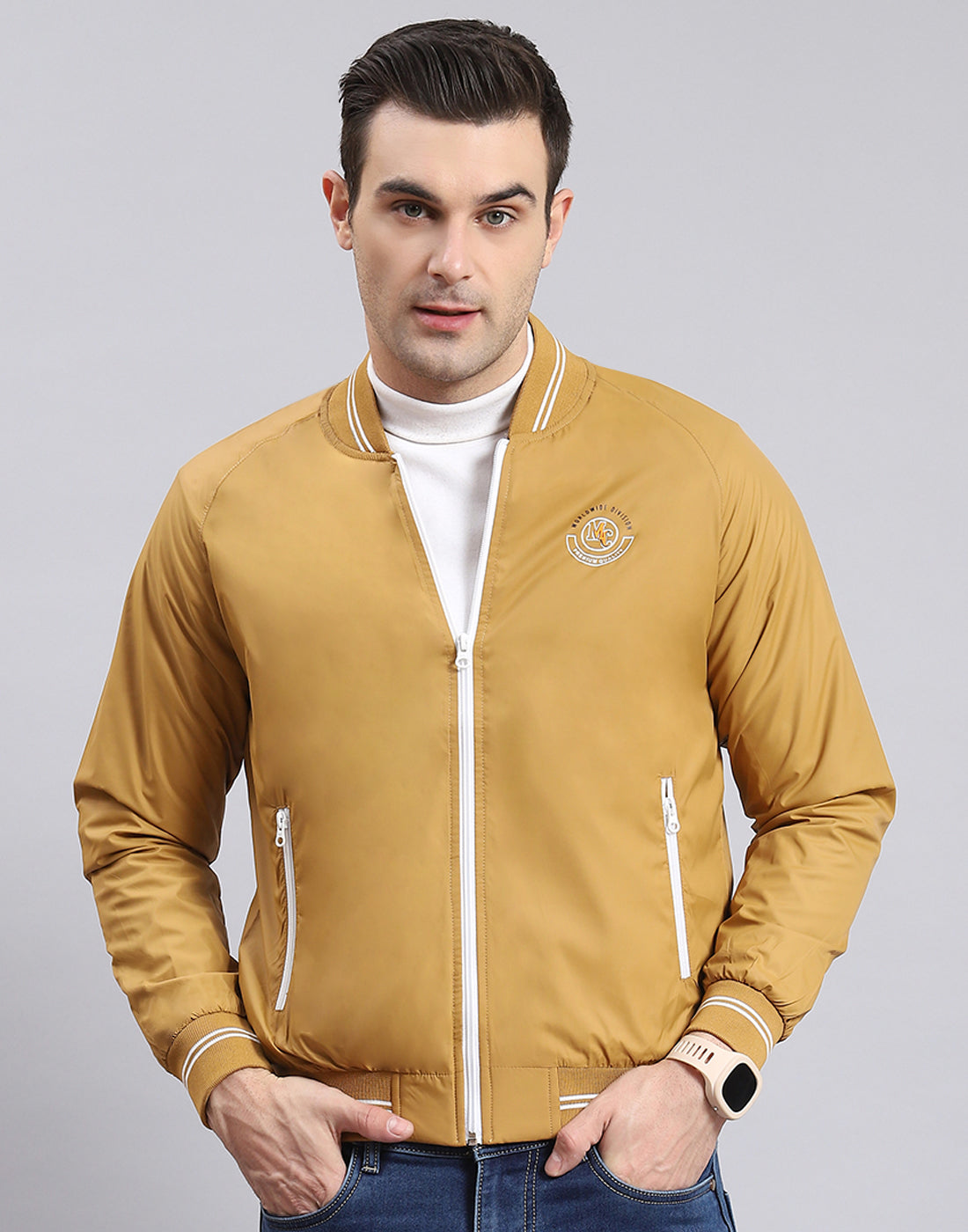 Men Mustard Solid Mandarin Collar Full Sleeve Jacket