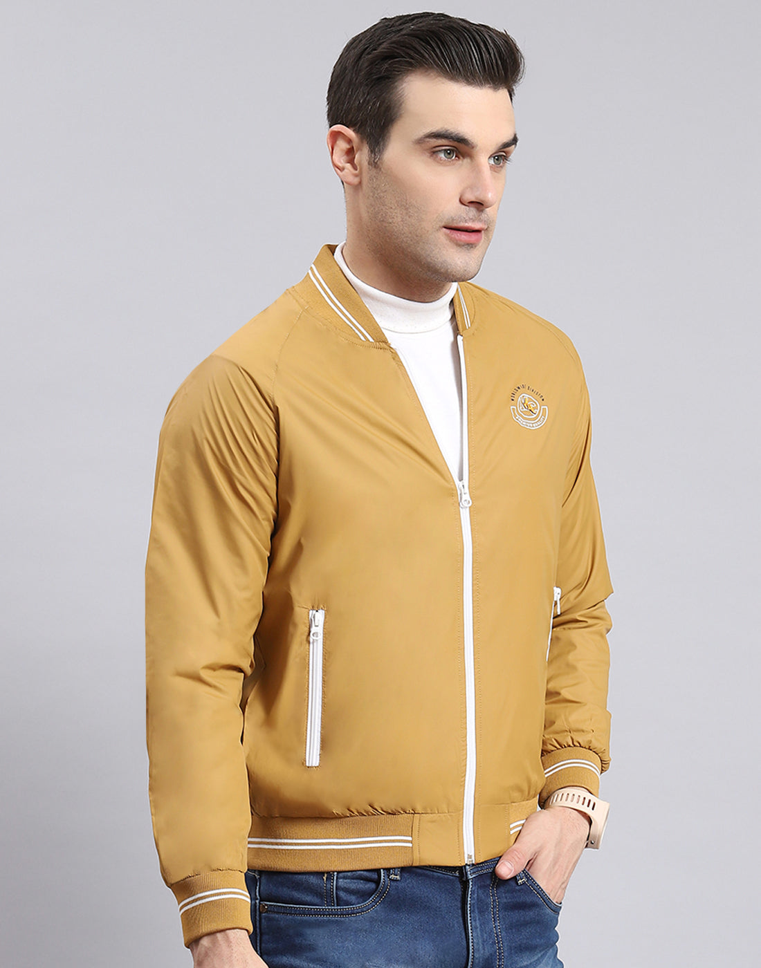 Men Mustard Solid Mandarin Collar Full Sleeve Jacket